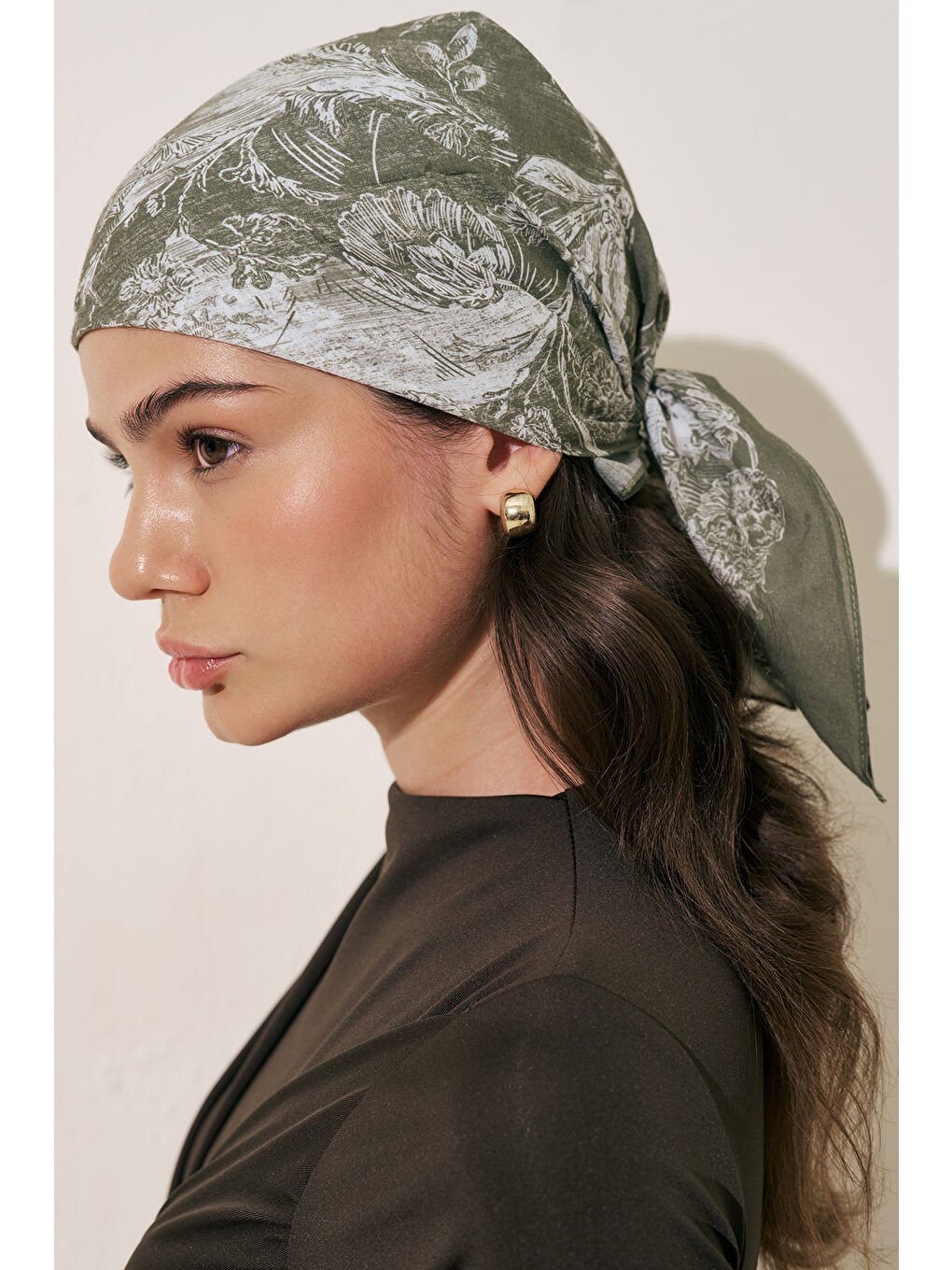 Yeşil Desenli Pamuklu Fular Şal Agatha Bej-4