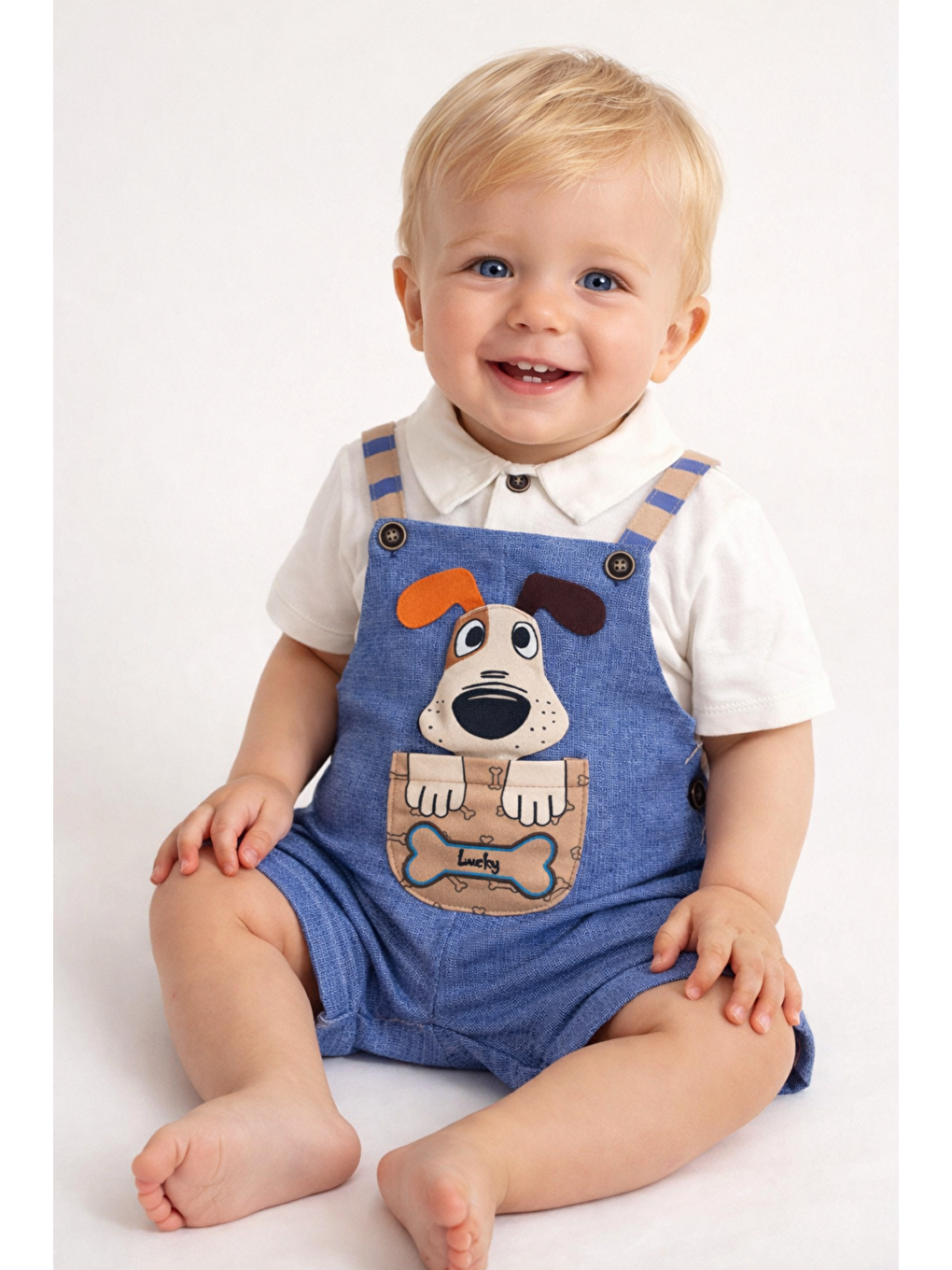 Mavi Erkek Bebek Hayvan Figürlü Salopet Tulum 2li Takım Keten Kumaş Pamuklu İç-1