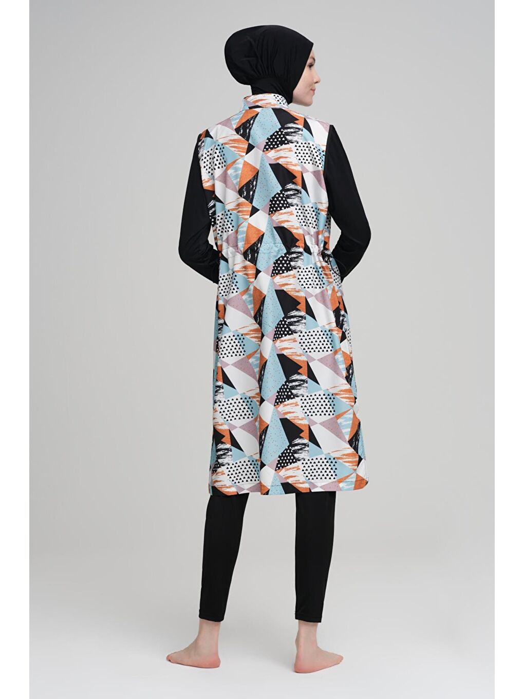 Lacivert Turuncu Mavi Desenli Siyah Jileli 3 Parça Tam Tesettür Mayo Takımı 2216-1
