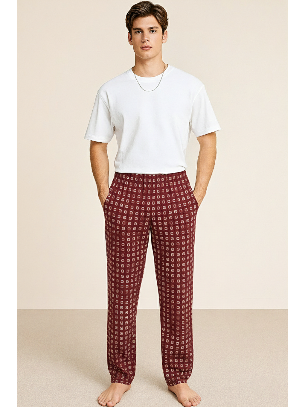 Bordo Erkek %100 Pamuk Cepli Ekose Pijama Altı | Desen 12 040