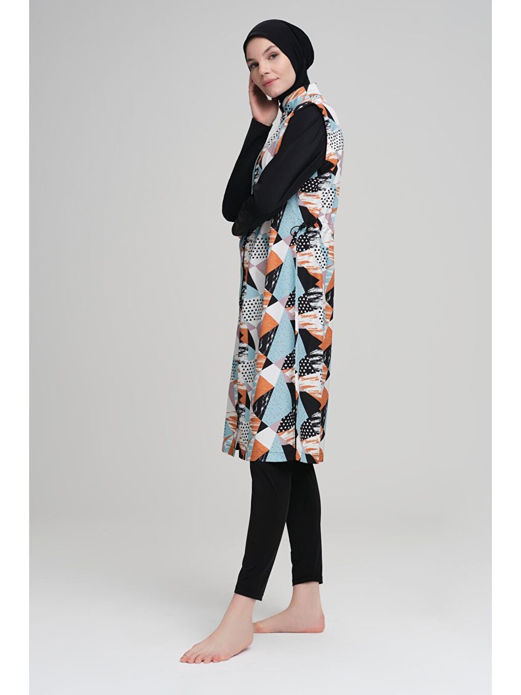 Lacivert Turuncu Mavi Desenli Siyah Jileli 3 Parça Tam Tesettür Mayo Takımı 2216-2