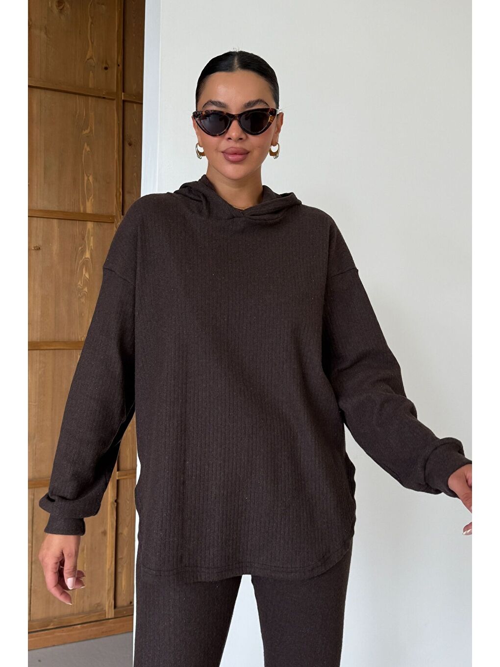 Kadın Kahverengi Oval Bel Detay Fitilli Kapüşonlu Taytlı İnterlok Takım-1