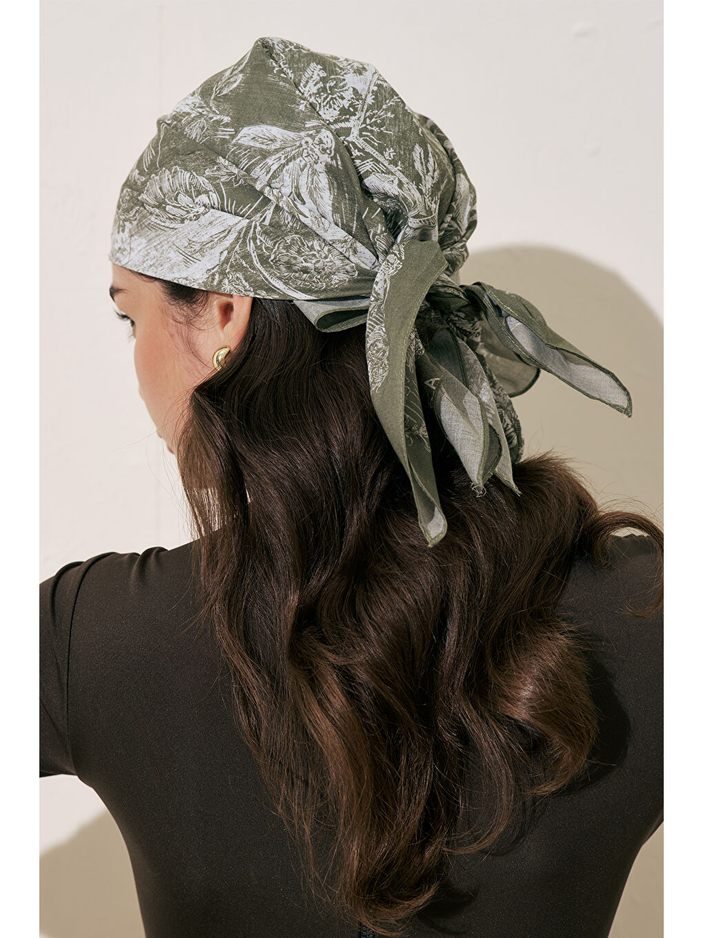 Yeşil Desenli Pamuklu Fular Şal Agatha Bej-5