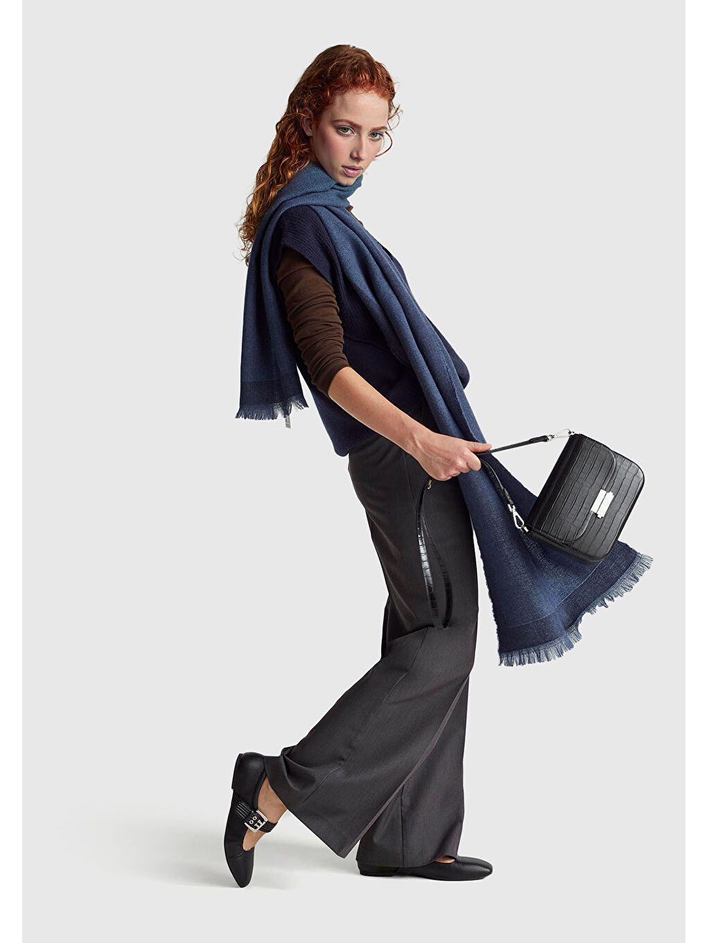 Kadın Antrasit Streç Kumaşlı Yüksek Bel Wide Leg Pantolon-4