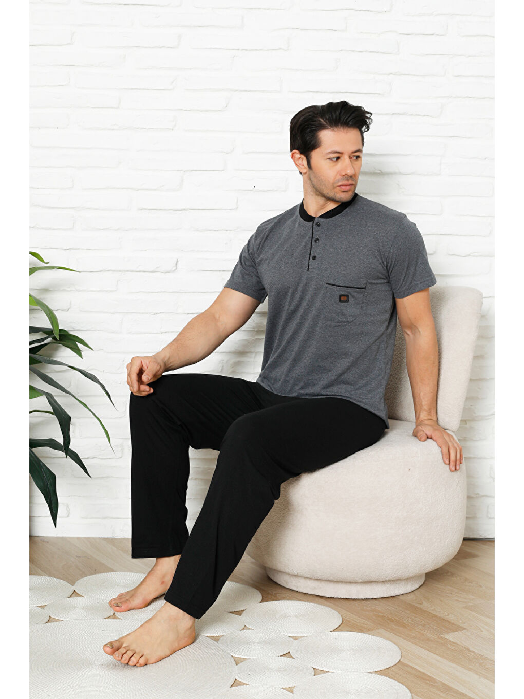 Gri Erkek %100 Pamuklu Pijama Takımı-3 Düğmeli-Yaka Cepli 12384-1