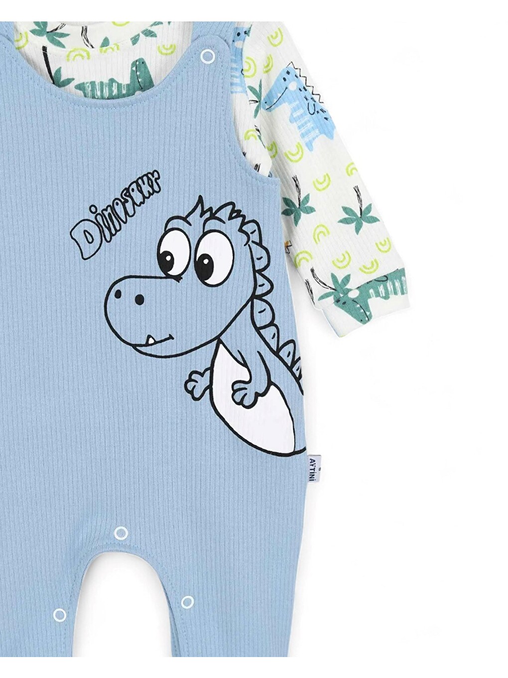 Mavi Erkek Bebek Dinozor Baskılı Fitilli Şirin Bahçıvan Salopet Tulum Ve İç Badili Takım-2
