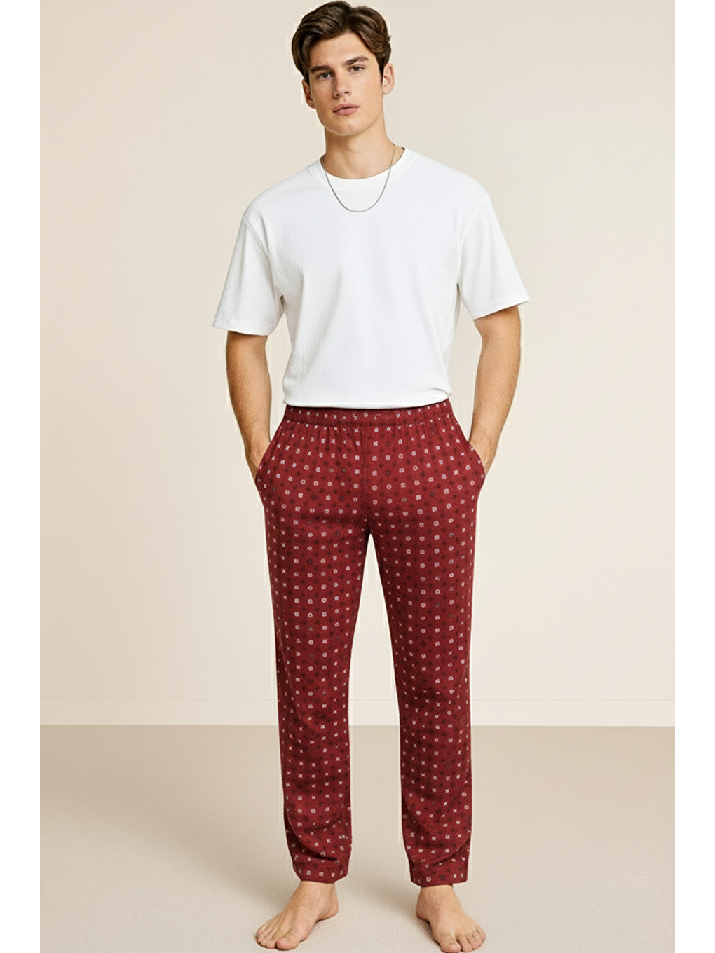 Bordo Erkek %100 Pamuk Cepli Ekose Pijama Altı | Desen 10 040