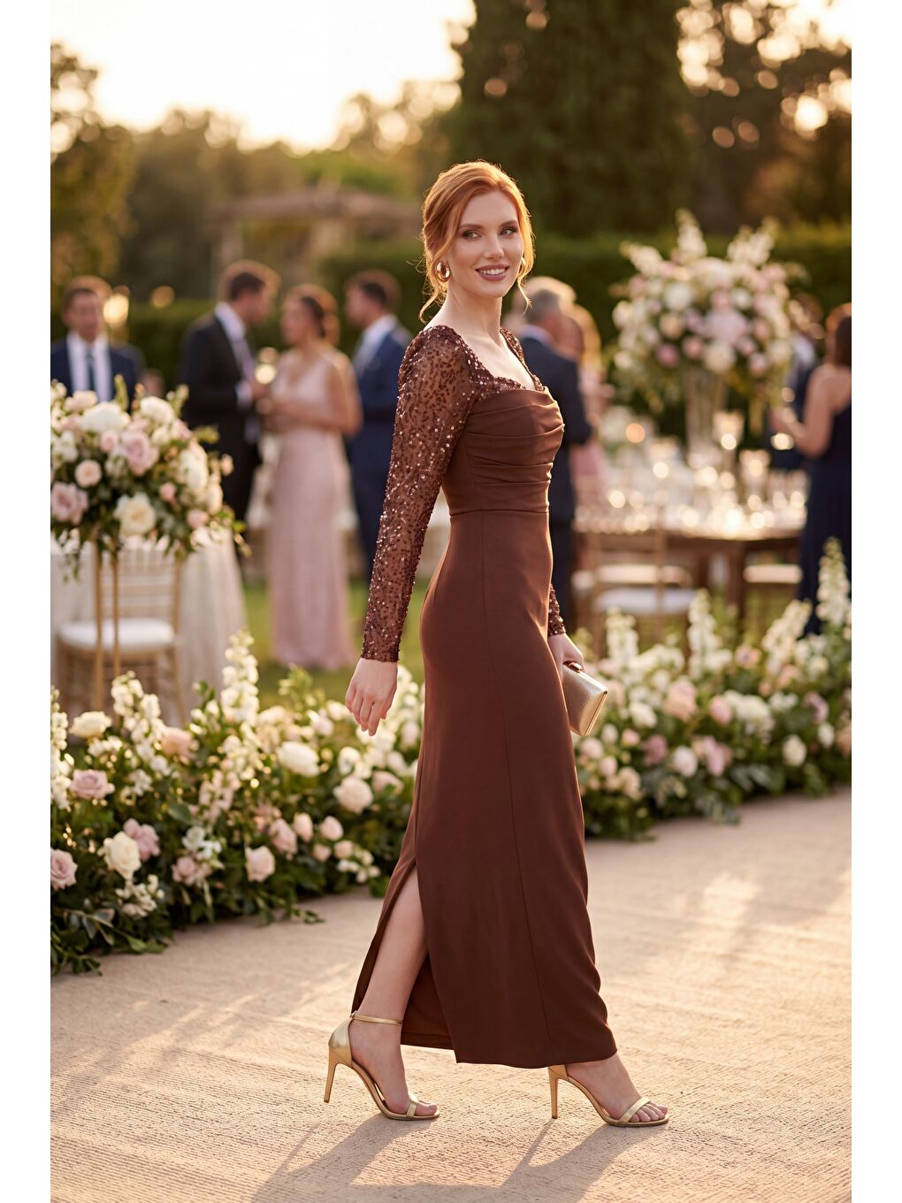 Kadın Kahverengi Dar Kalıp Kalp Yaka Kolları Payetli Söz Nişan Nikah Abiye-4