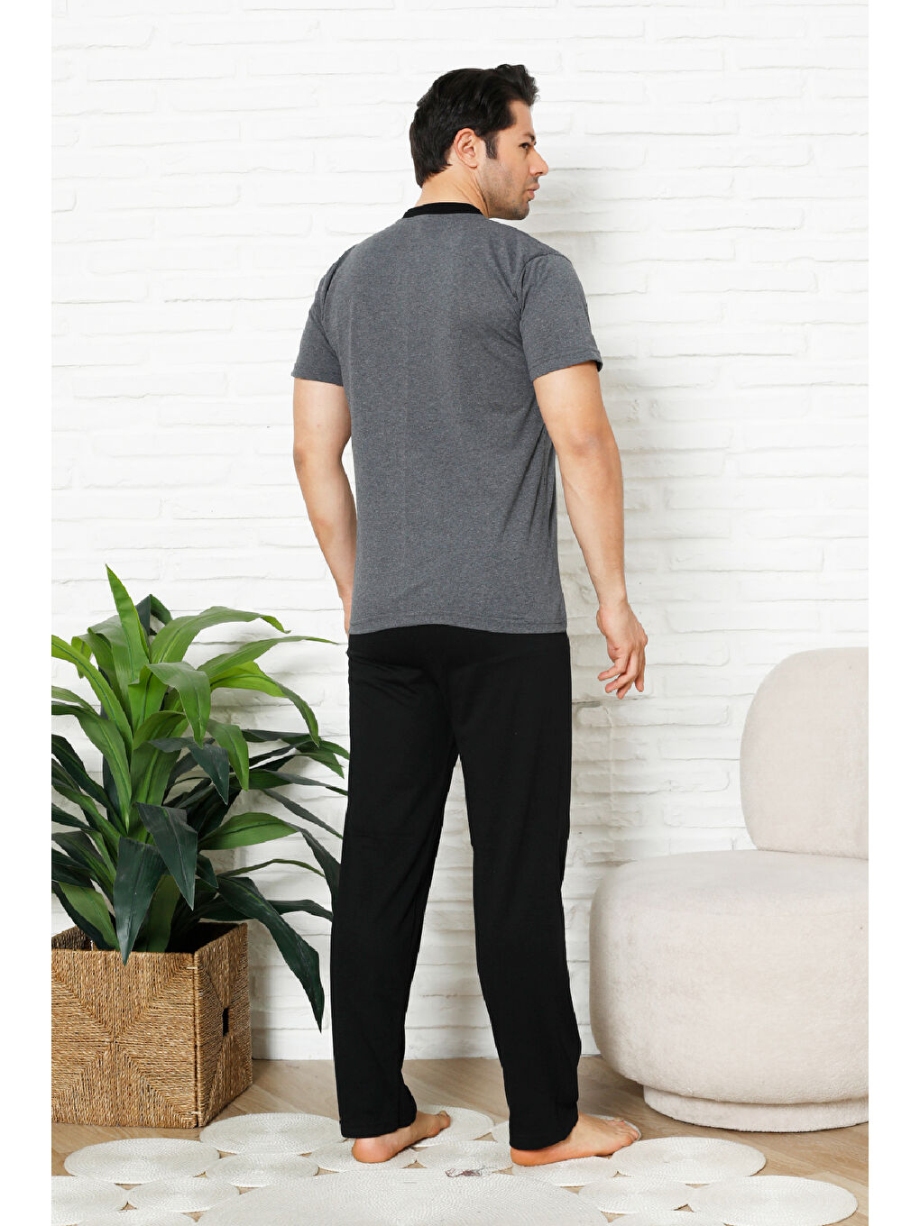 Gri Erkek %100 Pamuklu Pijama Takımı-3 Düğmeli-Yaka Cepli 12384-2