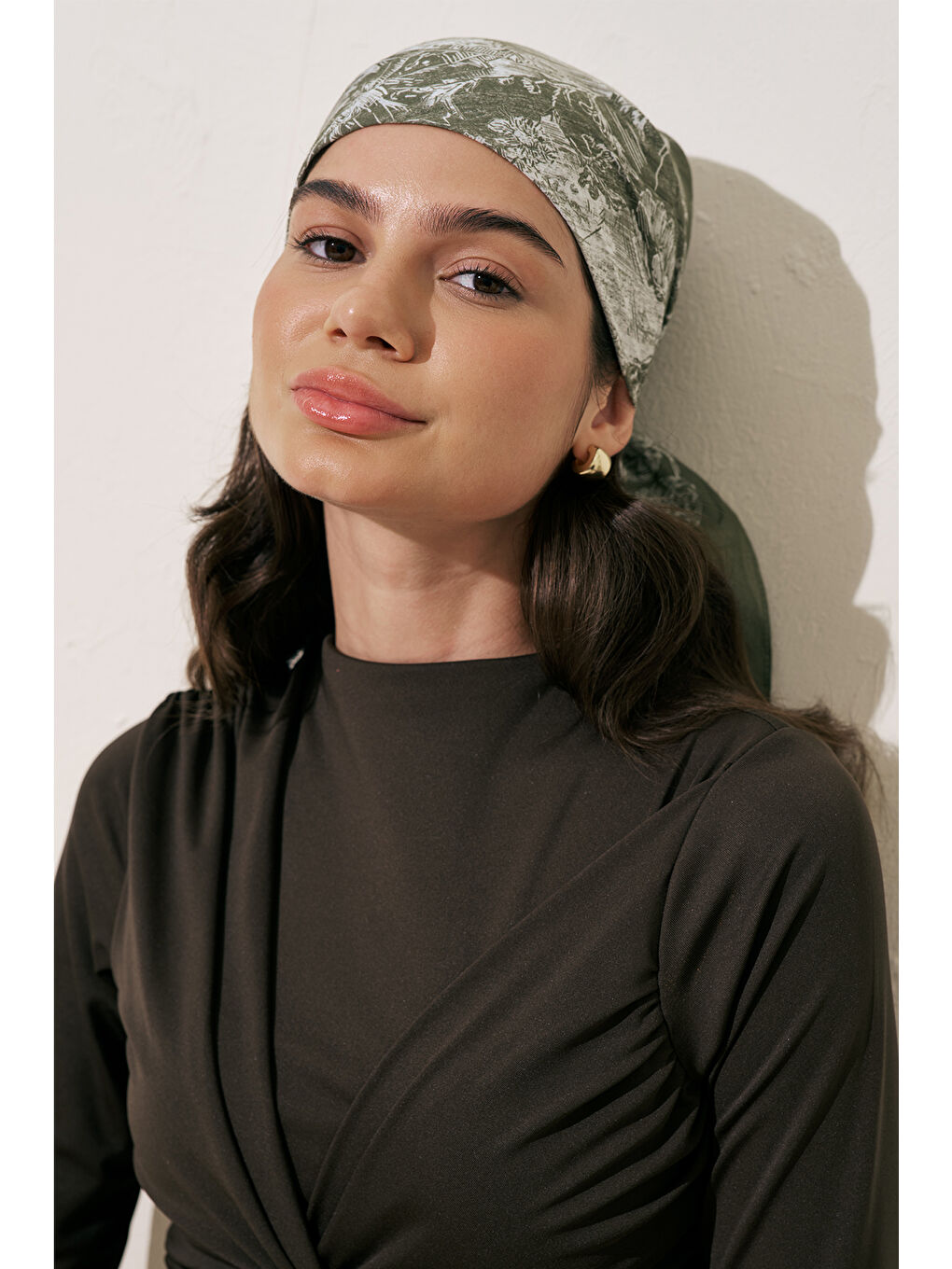 Yeşil Desenli Pamuklu Fular Şal Agatha Bej-6