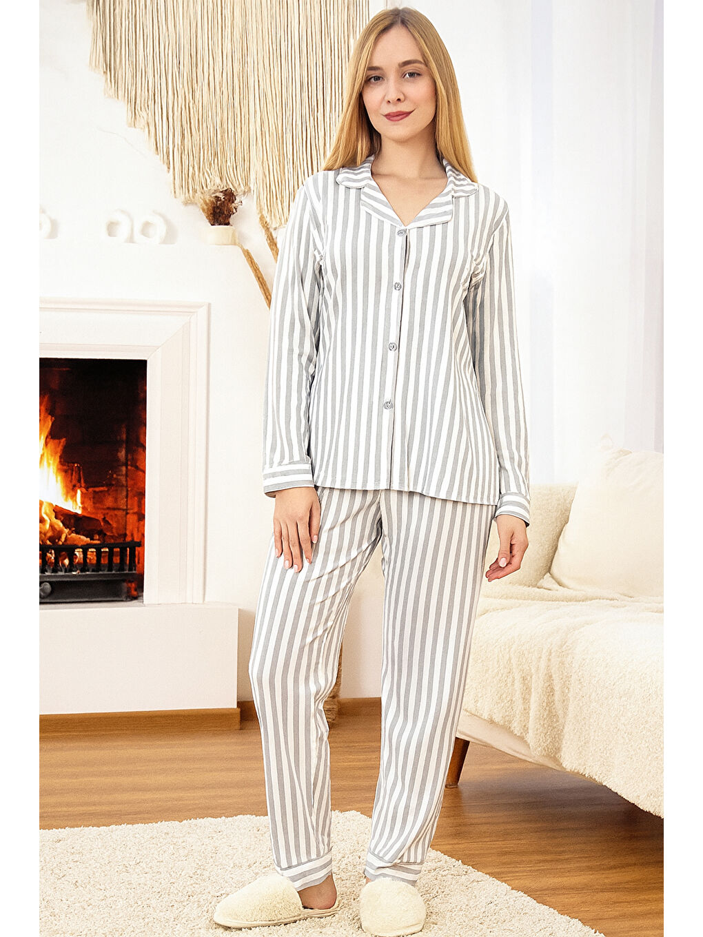 Kadın Çizgili Desen Suprem Pijama Takımı 0489 Gri03