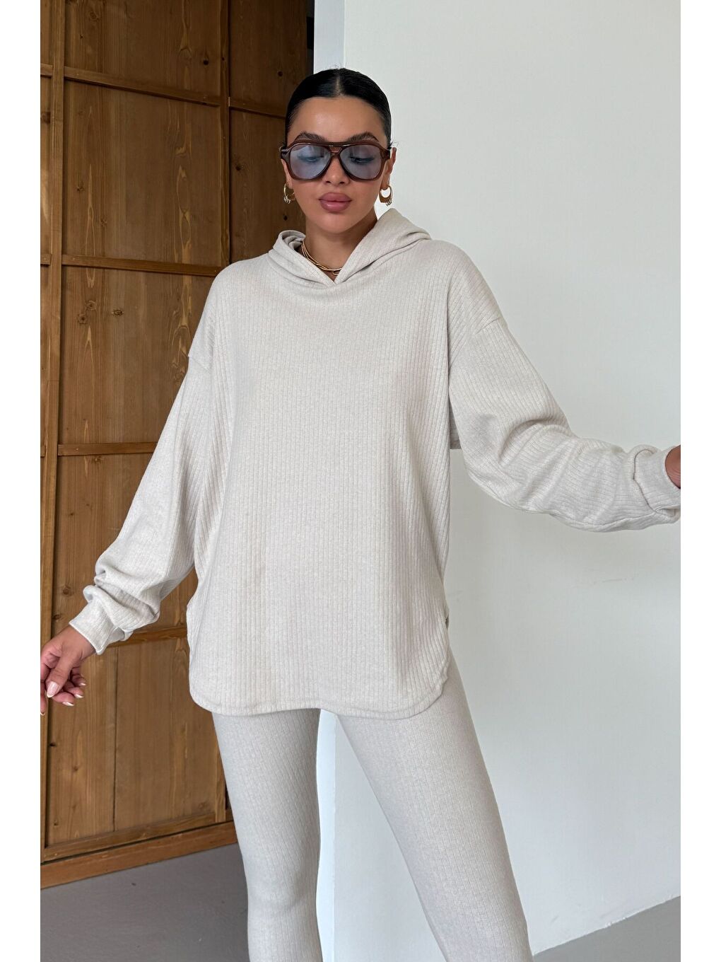 Kadın Bej Oval Bel Detay Fitilli Kapüşonlu Taytlı İnterlok Takım-6