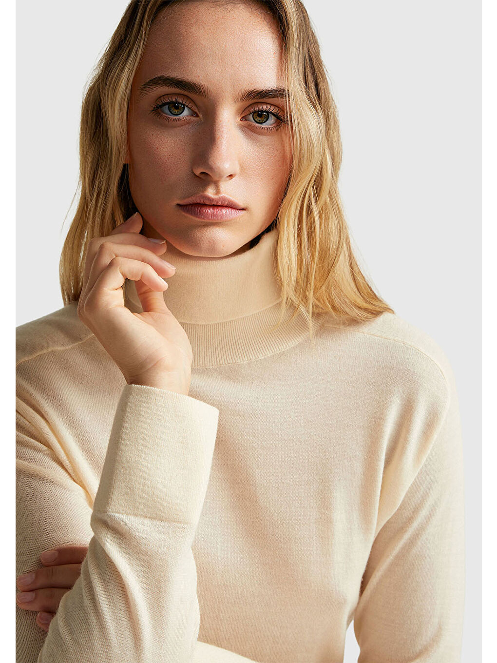 Pembe Kadın Pudra %100 Yün Ribana Detaylı Balıkçı Yaka Kazak-5