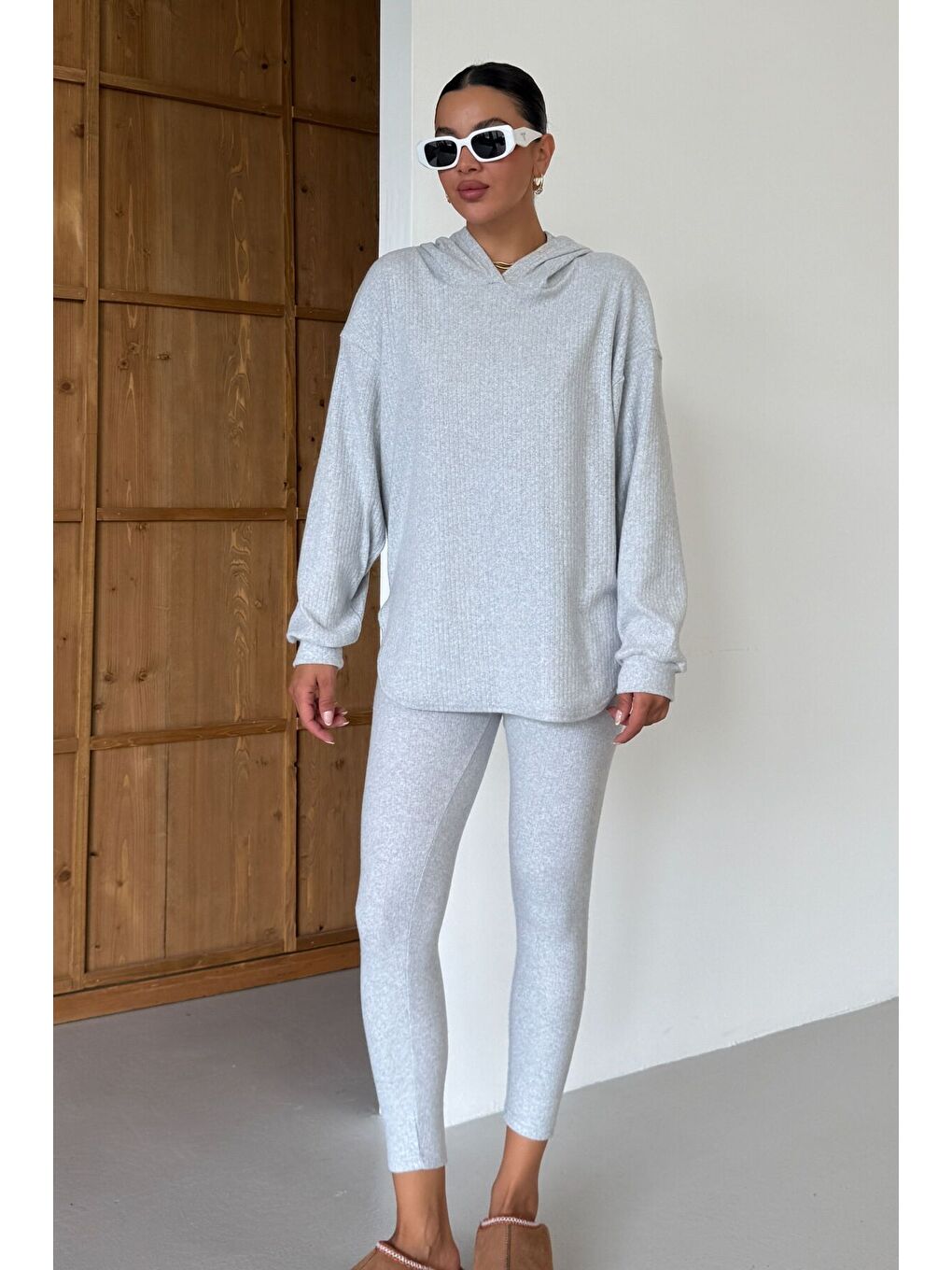 Kadın Gri Oval Bel Detay Fitilli Kapüşonlu Taytlı İnterlok Takım-6