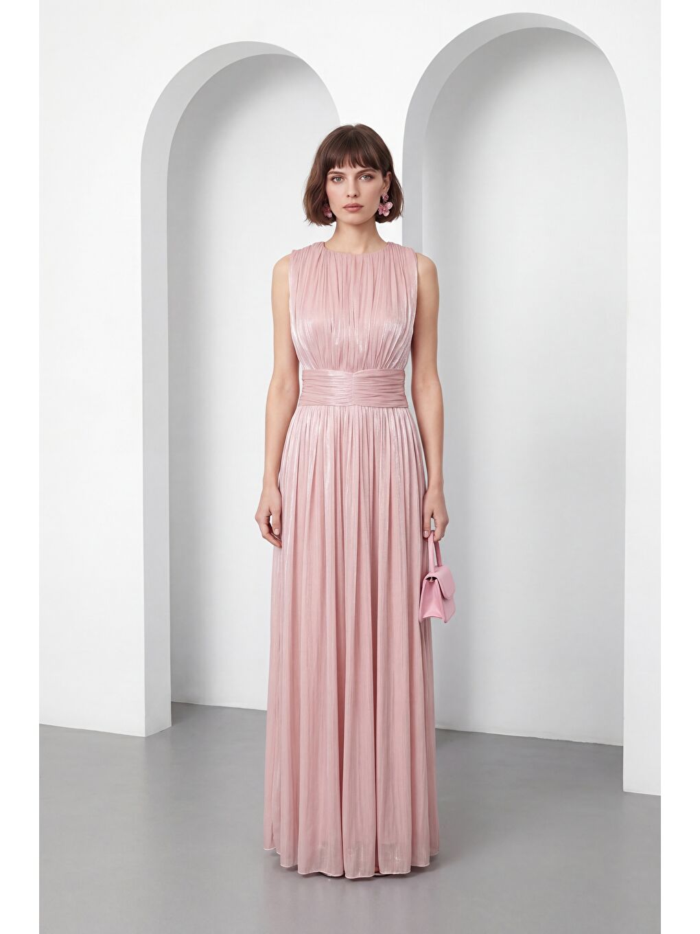 Pembe Kadın Pudra Bisiklet Yaka Pileli Uzun Davet Elbisesi-1