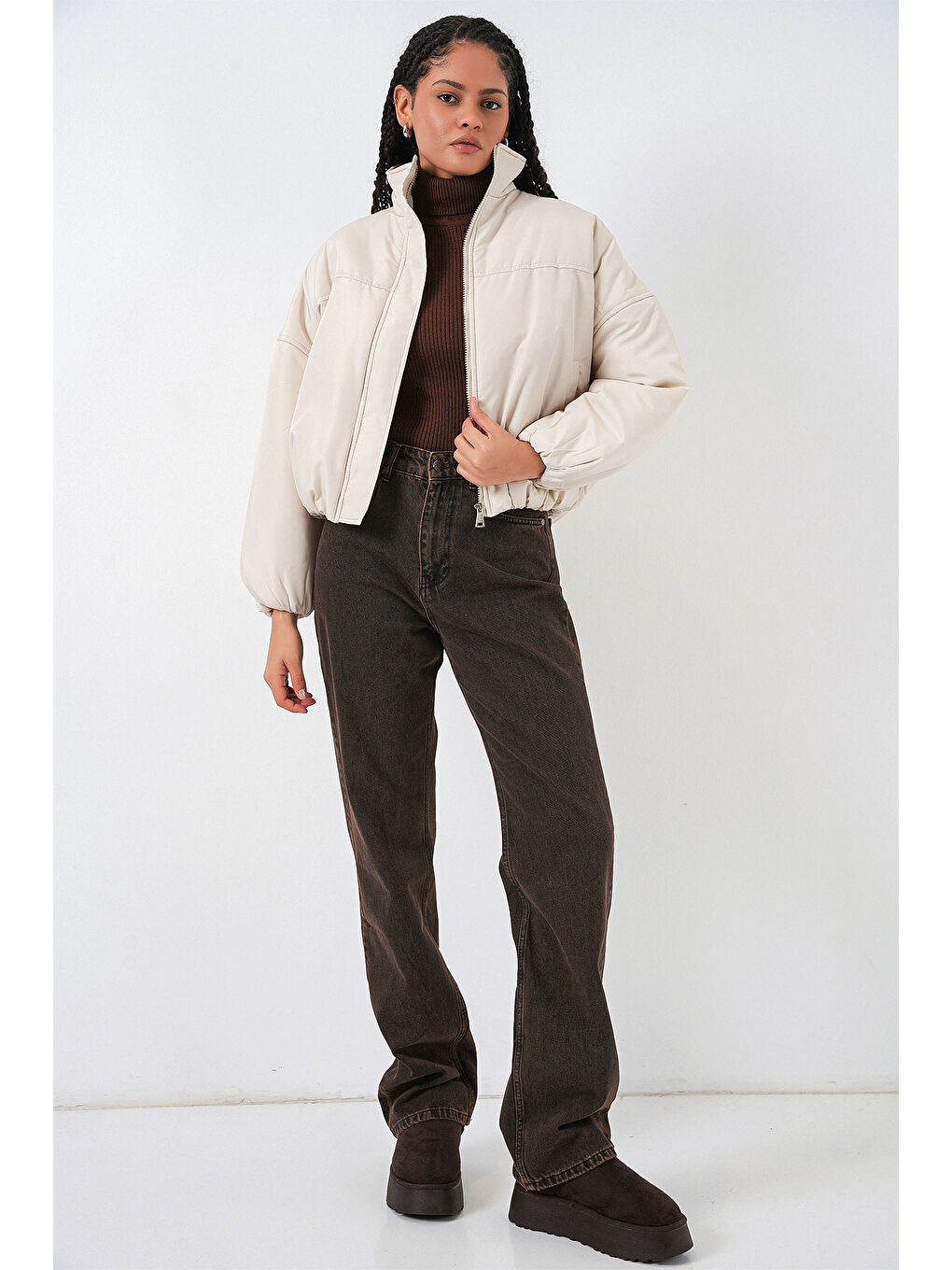 Kadın Oversize Bomber Şişme Mont 5124 - Ekru-1