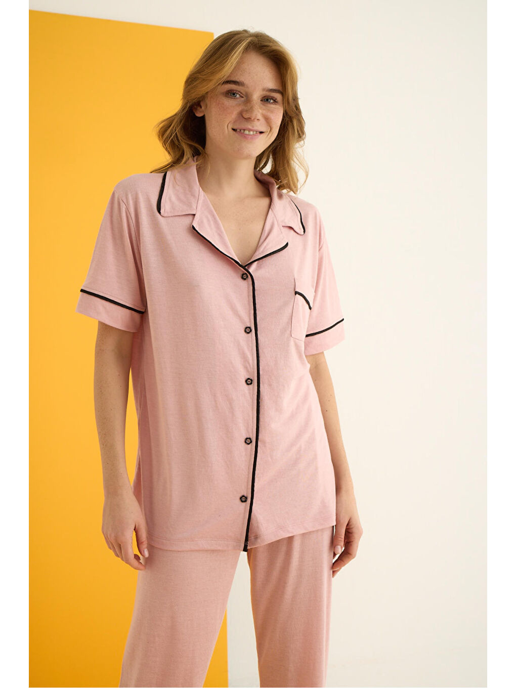 Lila Viskon Düğmeli Pijama Takımı 7041-10-1