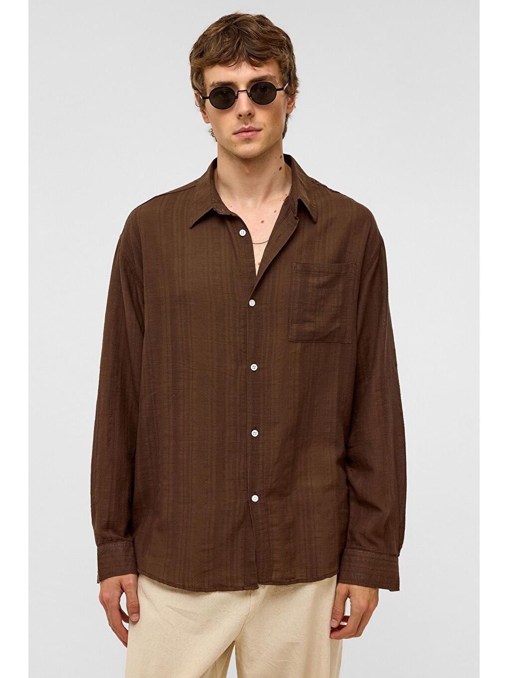 Kahverengi Oversize Çizgili Uzun Kollu Keten Gömlek Kahve