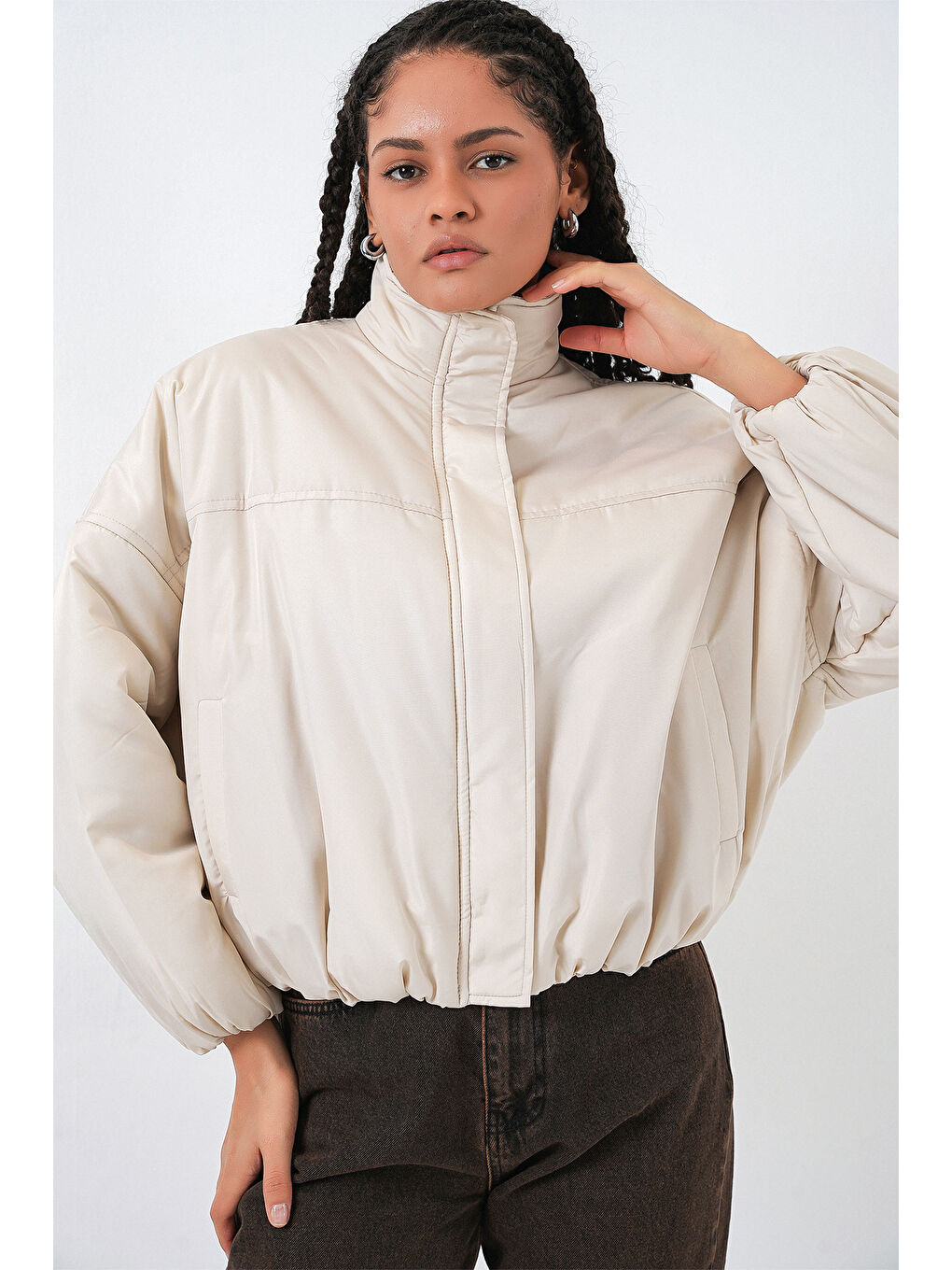 Kadın Oversize Bomber Şişme Mont 5124 - Ekru-2