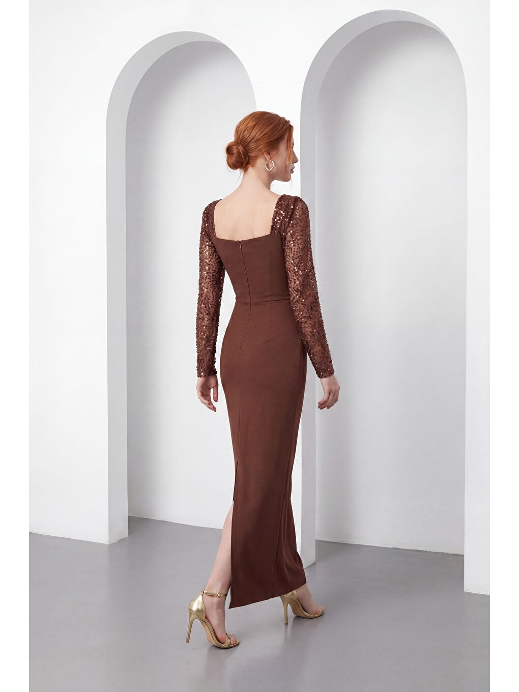 Kadın Kahverengi Dar Kalıp Kalp Yaka Kolları Payetli Söz Nişan Nikah Abiye-5