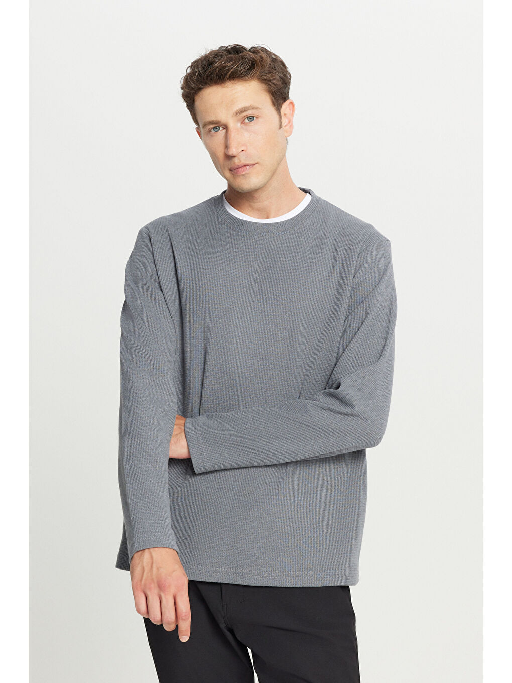 Erkek Gri Pamuklu Standart Fit Normal Kesim Bisiklet Yaka Sweatshirt-2