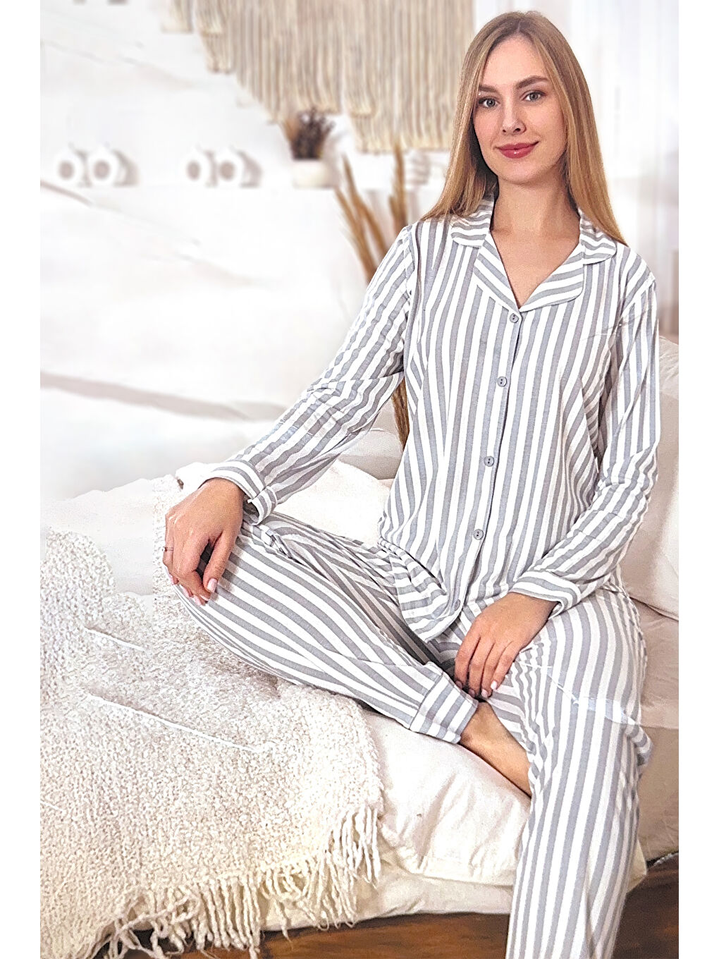Kadın Çizgili Desen Suprem Pijama Takımı 0489 Gri03-3