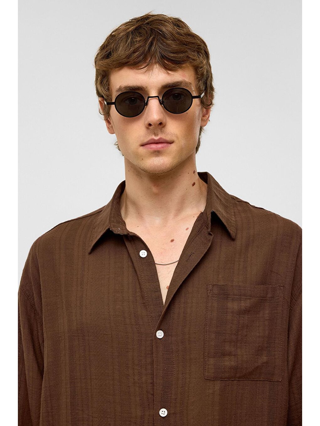 Kahverengi Oversize Çizgili Uzun Kollu Keten Gömlek Kahve-1