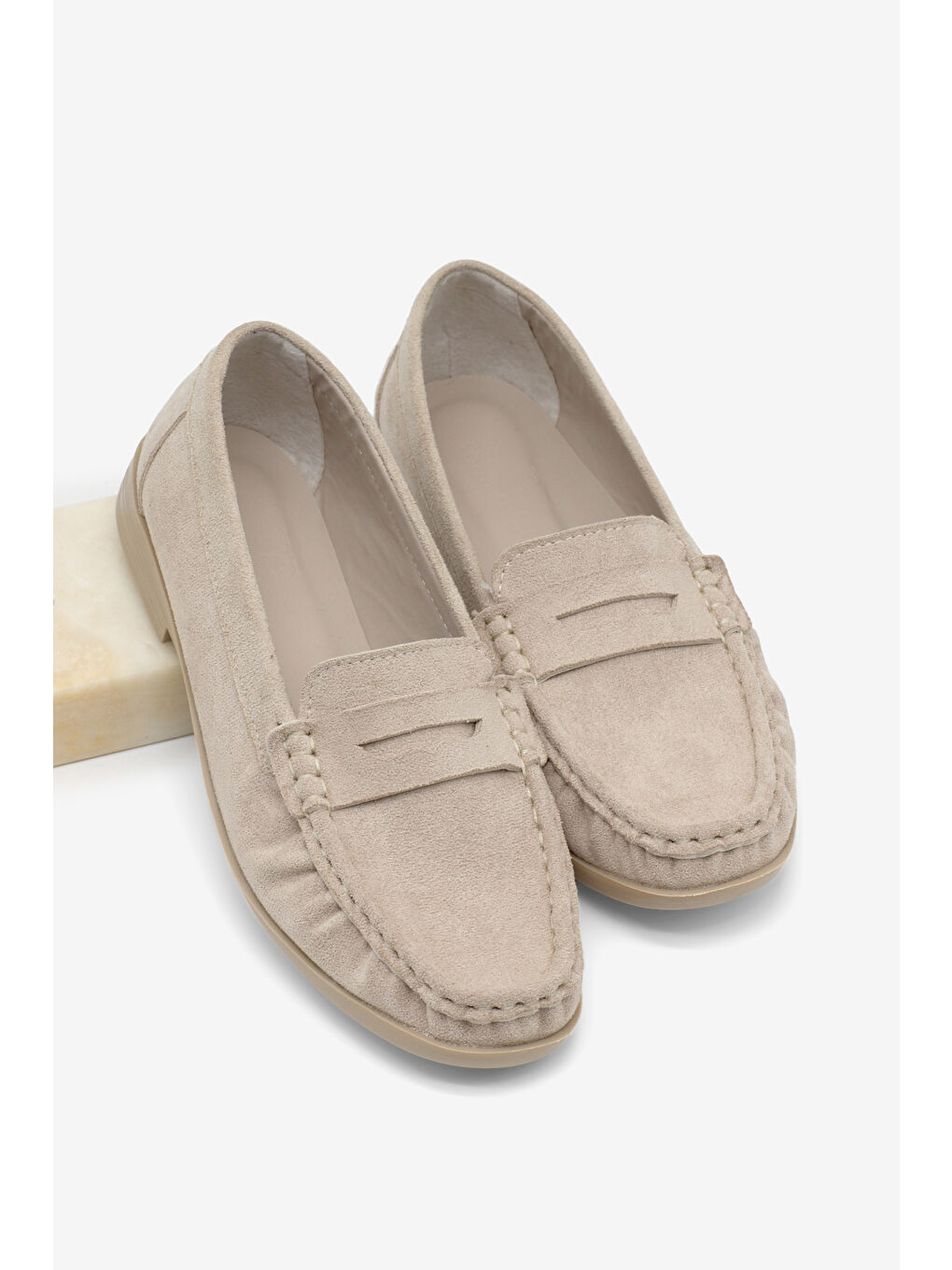 Kadın Bej Süet Termo Kaymaz Taban Loafer Oxford Kadın Ayakkabı-2
