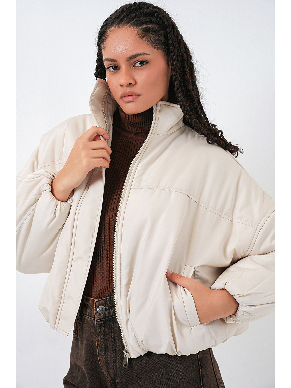 Kadın Oversize Bomber Şişme Mont 5124 - Ekru-3