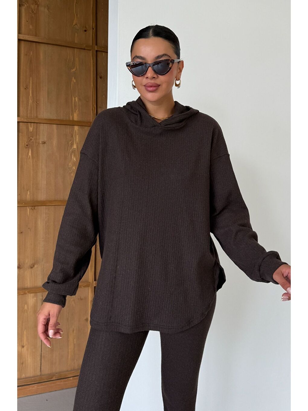 Kadın Kahverengi Oval Bel Detay Fitilli Kapüşonlu Taytlı İnterlok Takım-3