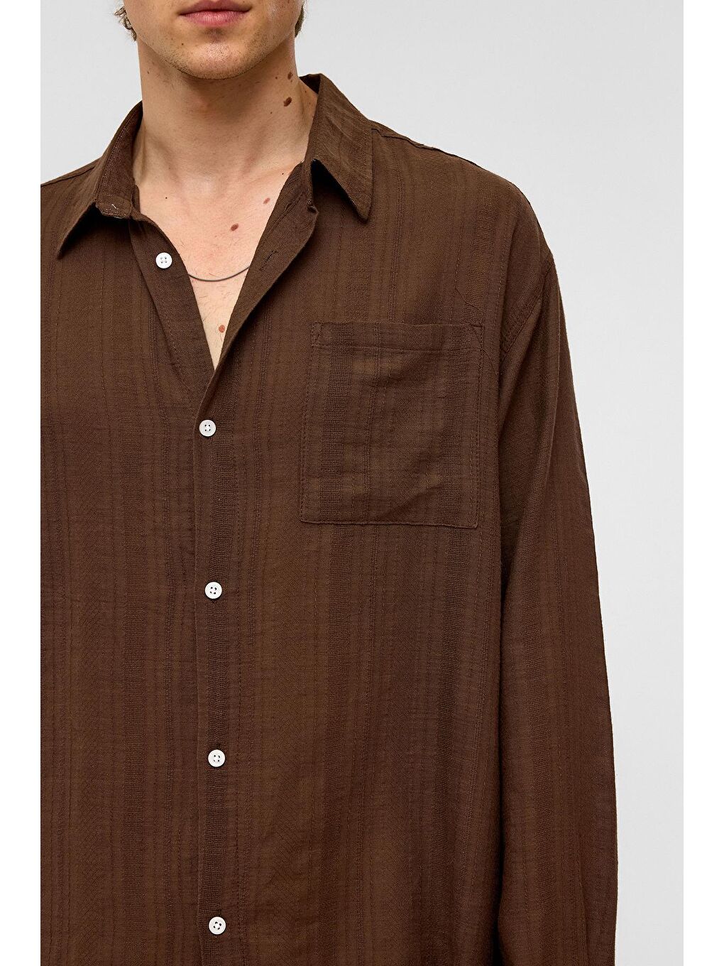 Kahverengi Oversize Çizgili Uzun Kollu Keten Gömlek Kahve-2