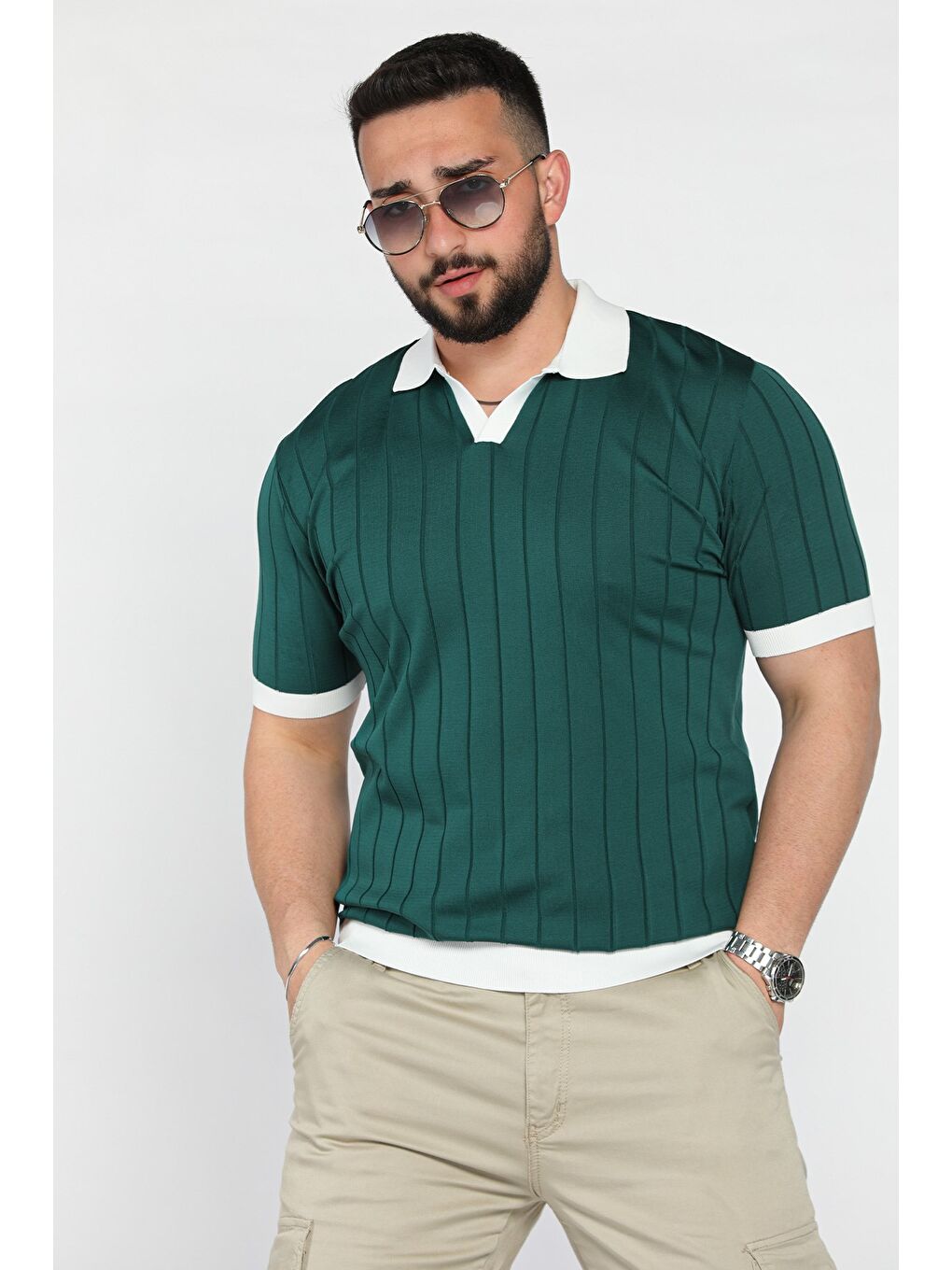 Yeşil Erkek Polo Yaka Kendinden Çizgi Desenli Renk Garnili Triko Tişört