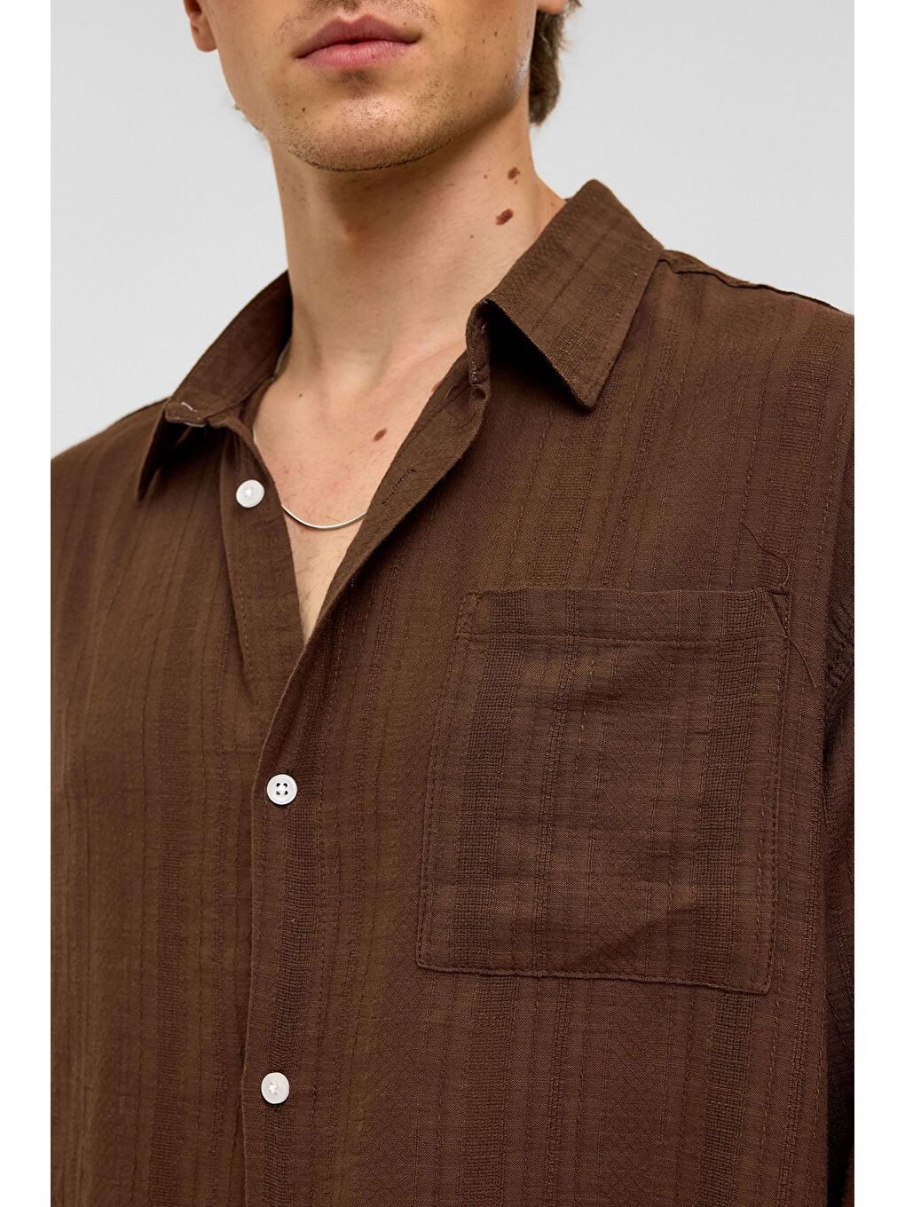 Kahverengi Oversize Çizgili Uzun Kollu Keten Gömlek Kahve-3