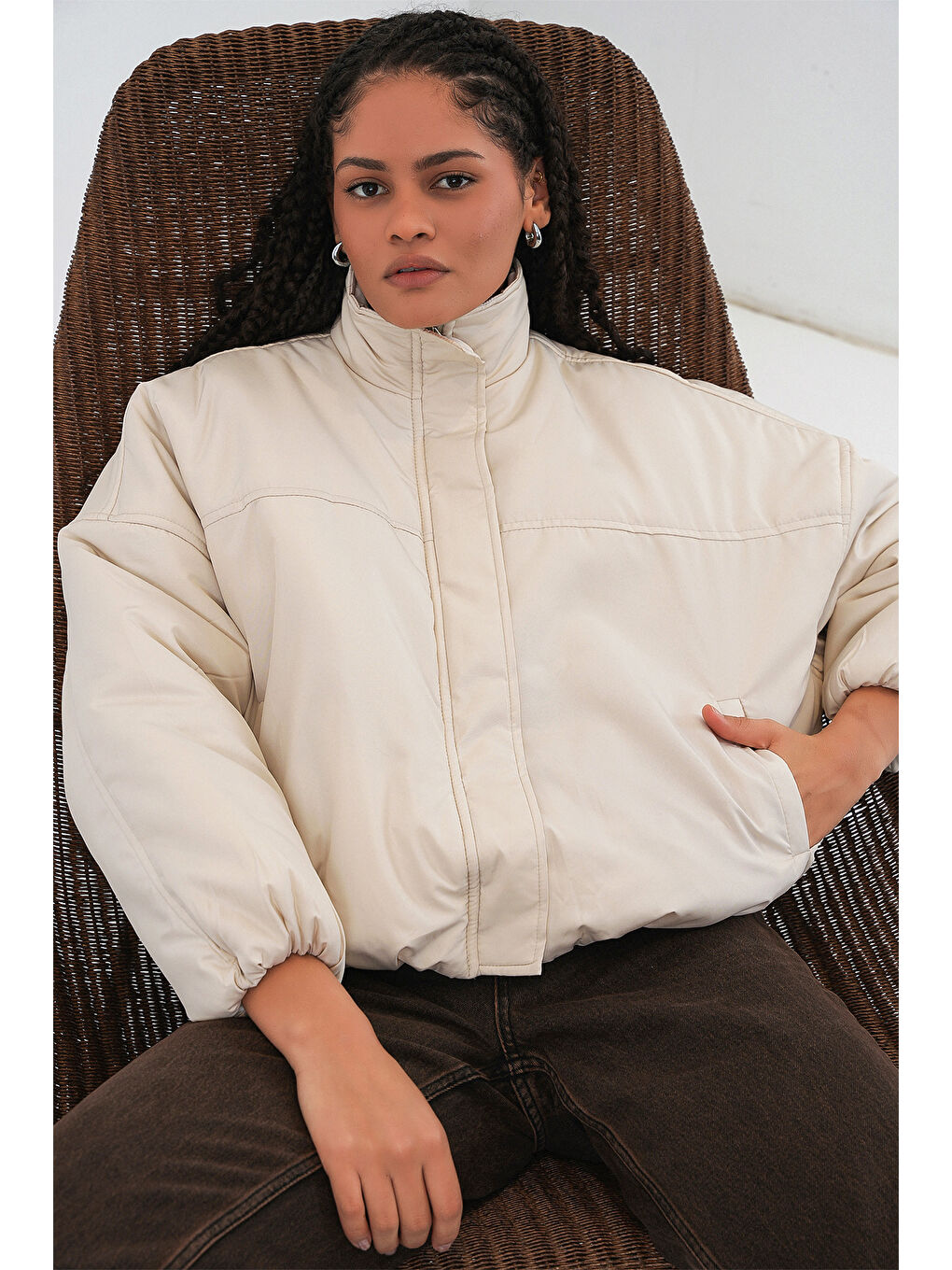 Kadın Oversize Bomber Şişme Mont 5124 - Ekru-4