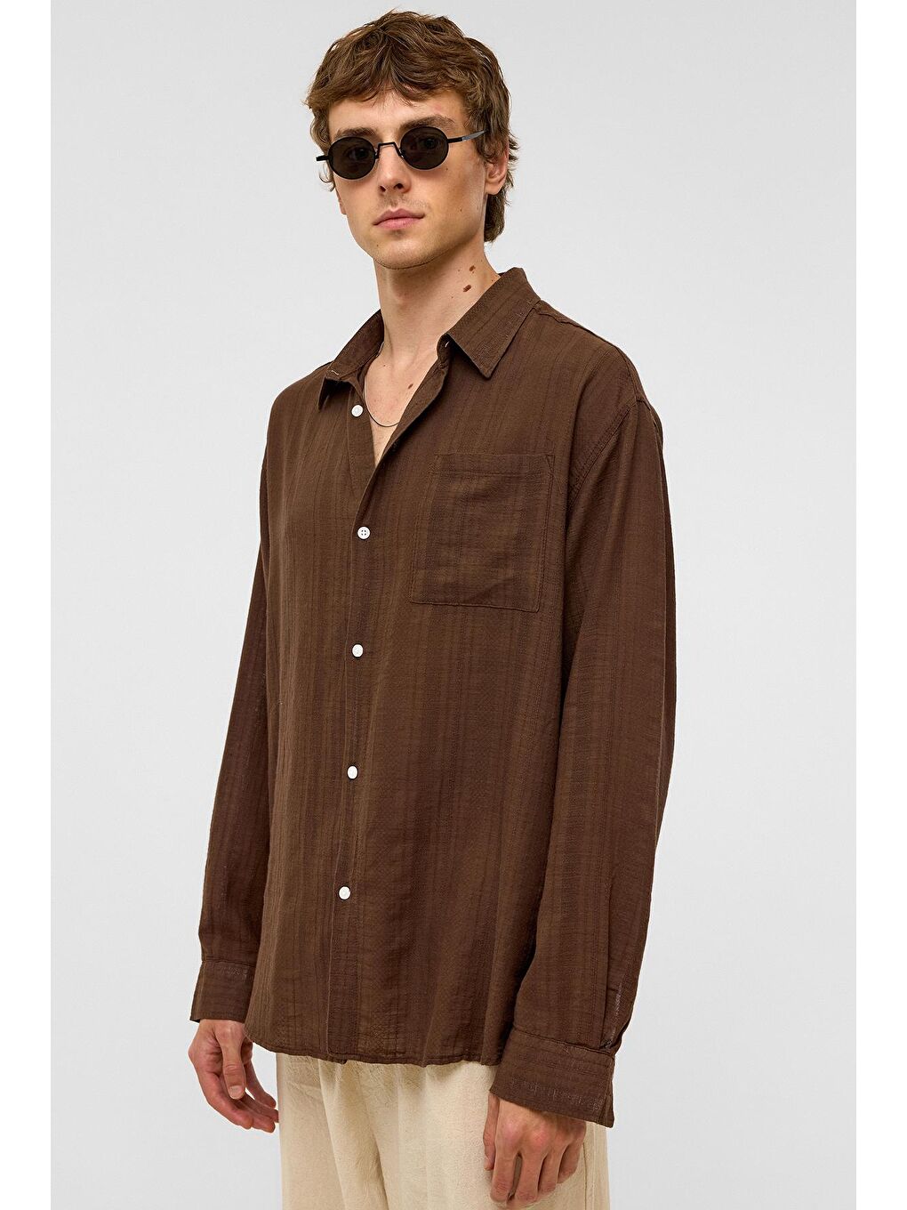 Kahverengi Oversize Çizgili Uzun Kollu Keten Gömlek Kahve-4