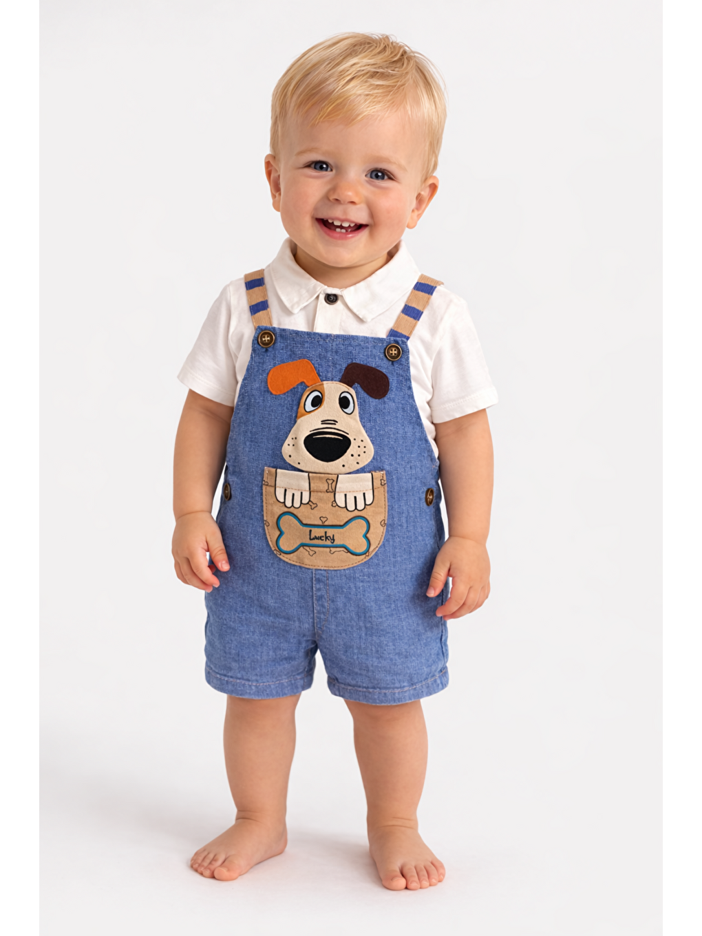 Mavi Erkek Bebek Hayvan Figürlü Salopet Tulum 2li Takım Keten Kumaş Pamuklu İç-3