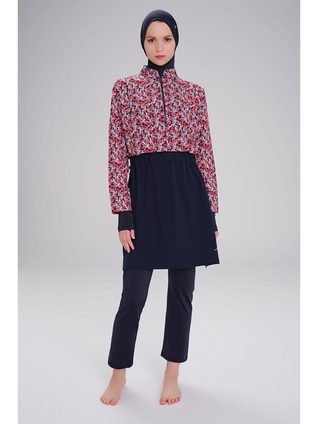 Esila Çiçek Desenli Kırmızı Lacivert Jileli Tam Tesettür Mayo Üstü 2934-1
