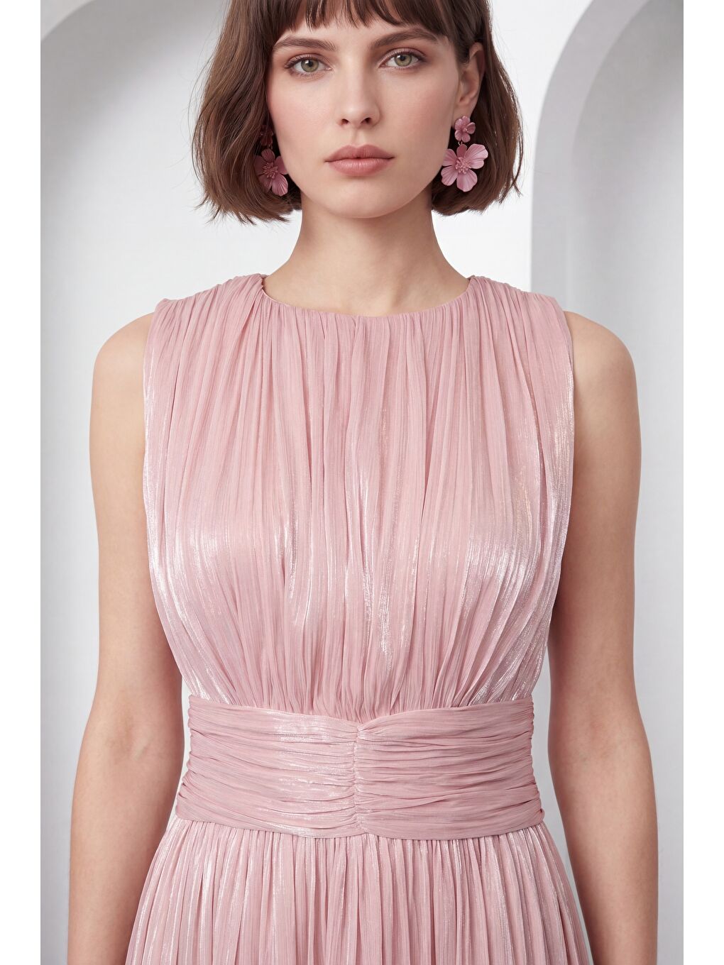 Pembe Kadın Pudra Bisiklet Yaka Pileli Uzun Davet Elbisesi-2