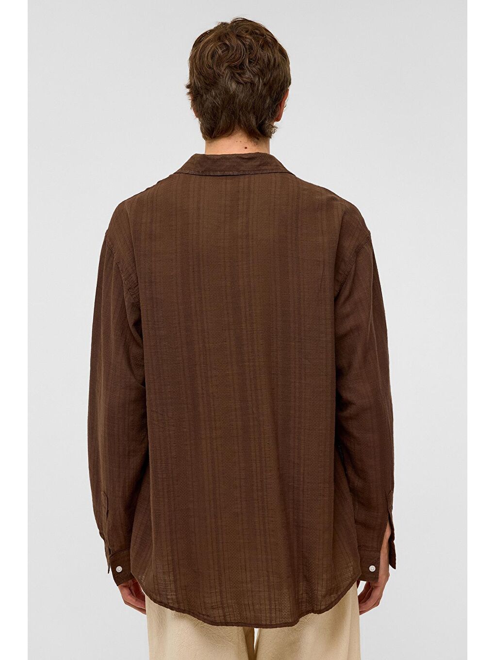 Kahverengi Oversize Çizgili Uzun Kollu Keten Gömlek Kahve-5