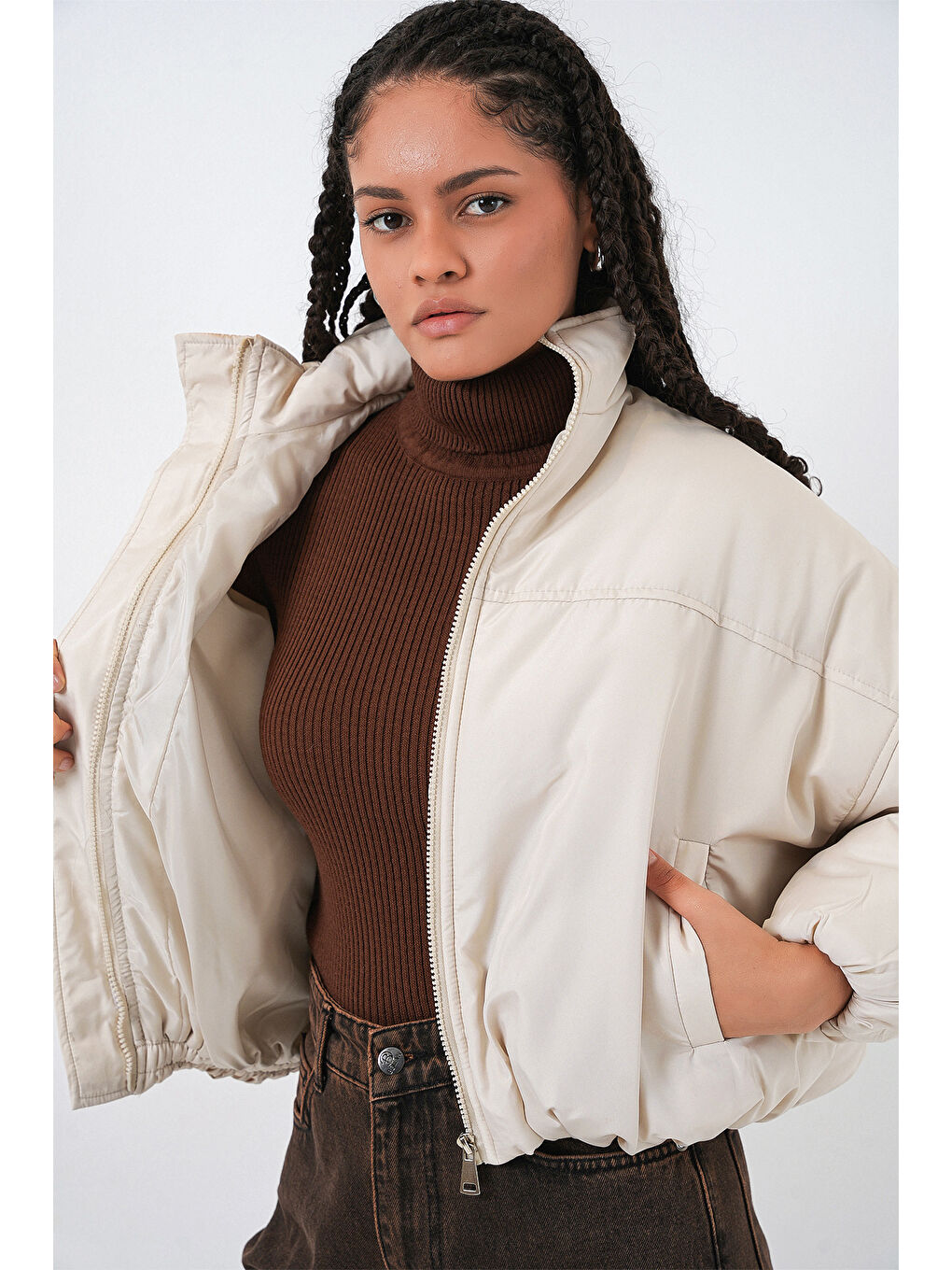 Kadın Oversize Bomber Şişme Mont 5124 - Ekru-5