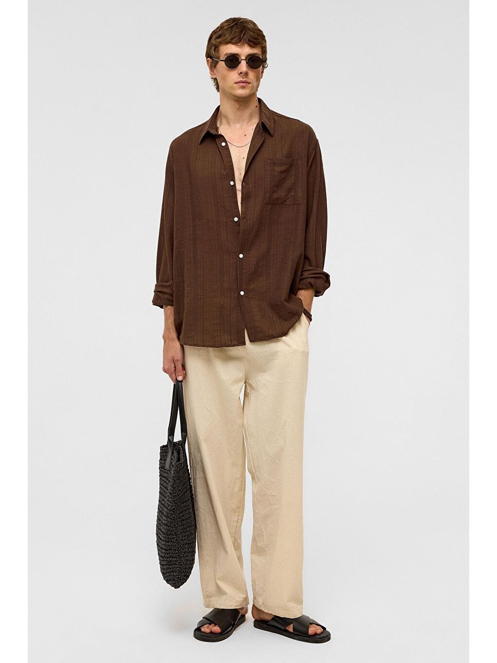 Kahverengi Oversize Çizgili Uzun Kollu Keten Gömlek Kahve-6