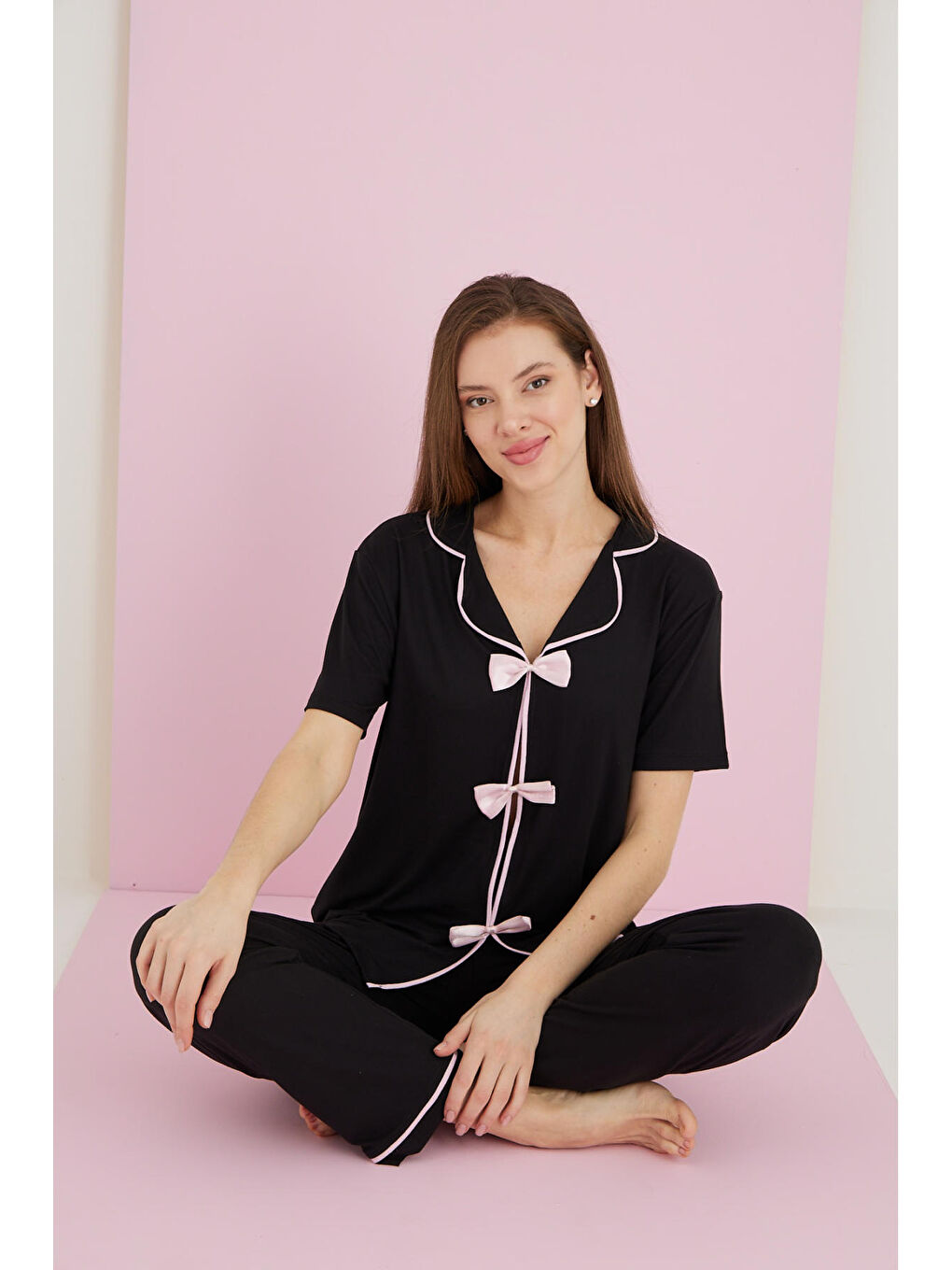 Siyah Bamboo Fiyonklu Pijama Takımı 7058-3