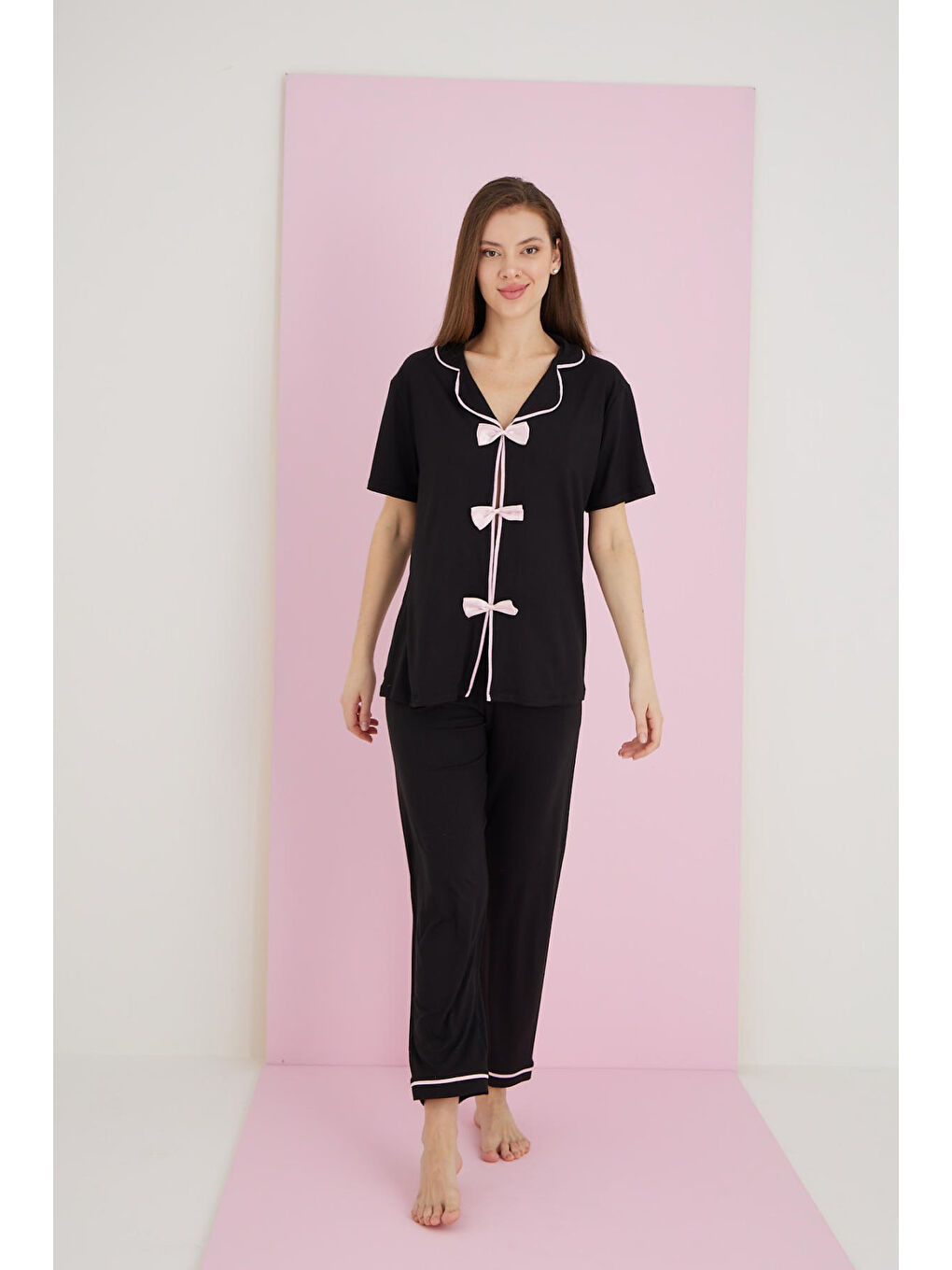 Siyah Bamboo Fiyonklu Pijama Takımı 7058-3-1
