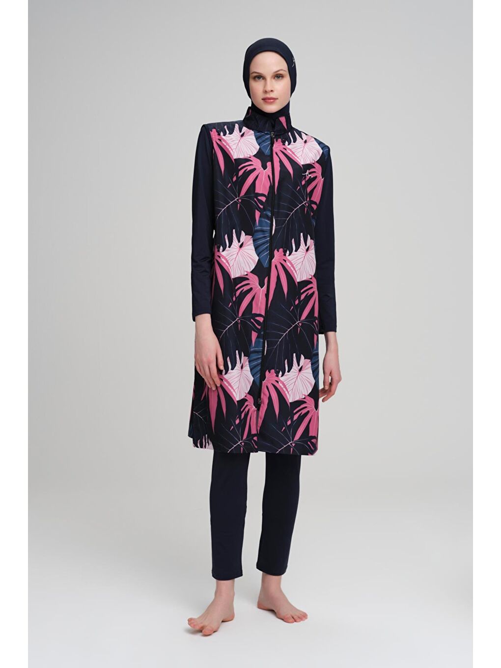 Pembe Palmiye Desenli Lacivert Jileli 4 Parça Tam Tesettür Mayo Takımı 3035