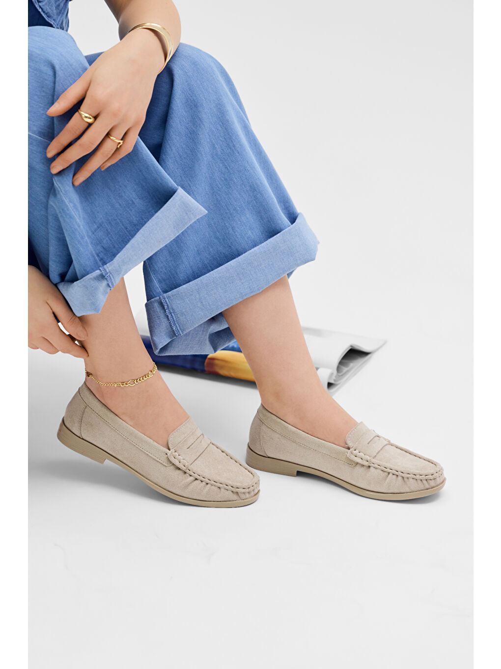 Kadın Bej Süet Termo Kaymaz Taban Loafer Oxford Kadın Ayakkabı-3