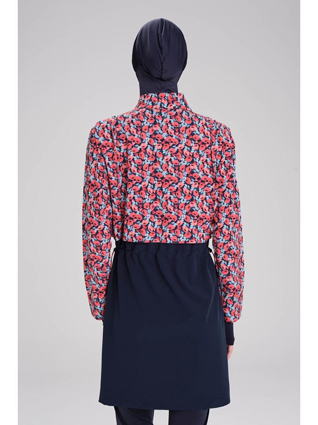 Esila Çiçek Desenli Kırmızı Lacivert Jileli Tam Tesettür Mayo Üstü 2934-4