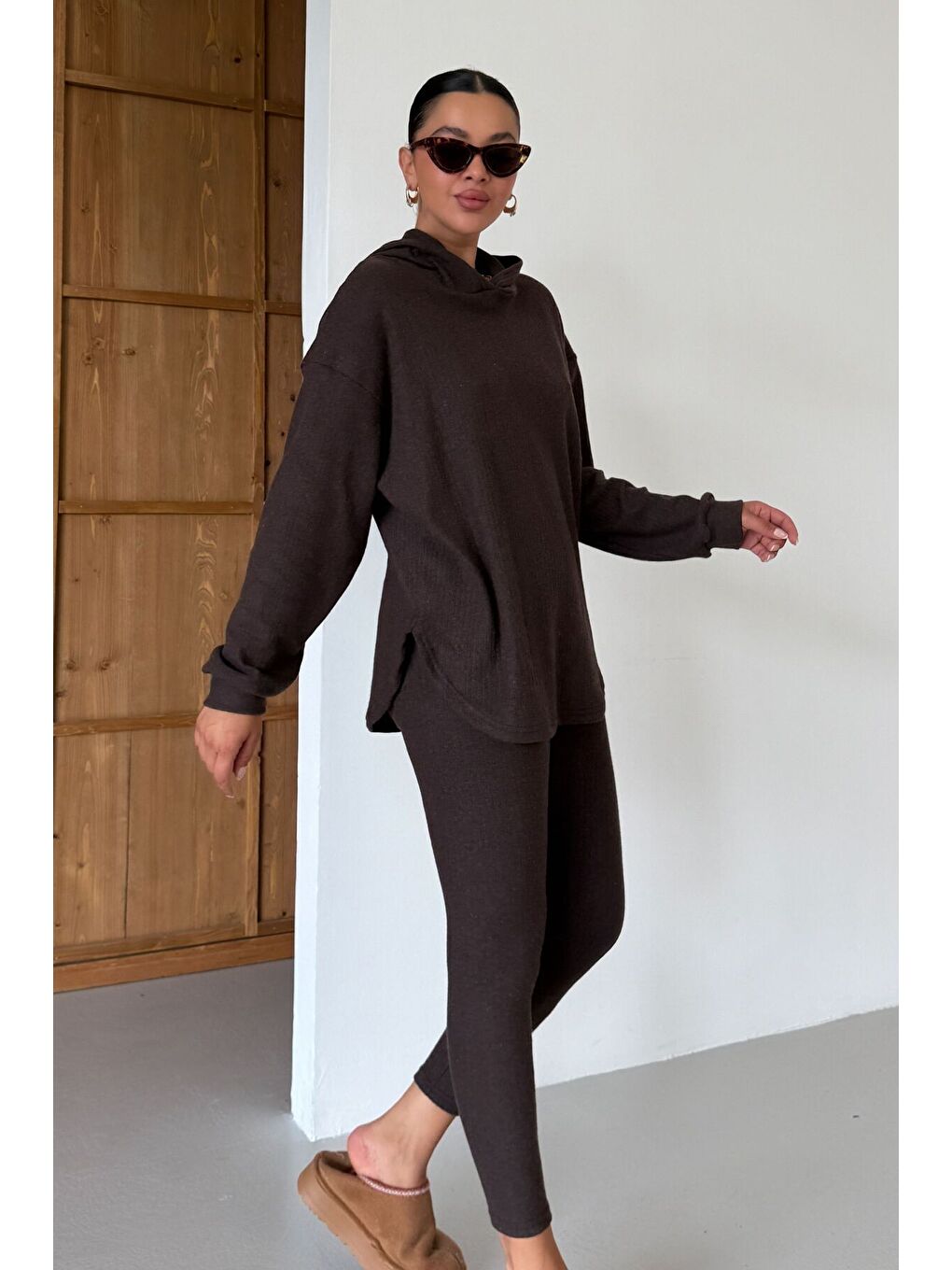 Kadın Kahverengi Oval Bel Detay Fitilli Kapüşonlu Taytlı İnterlok Takım-5