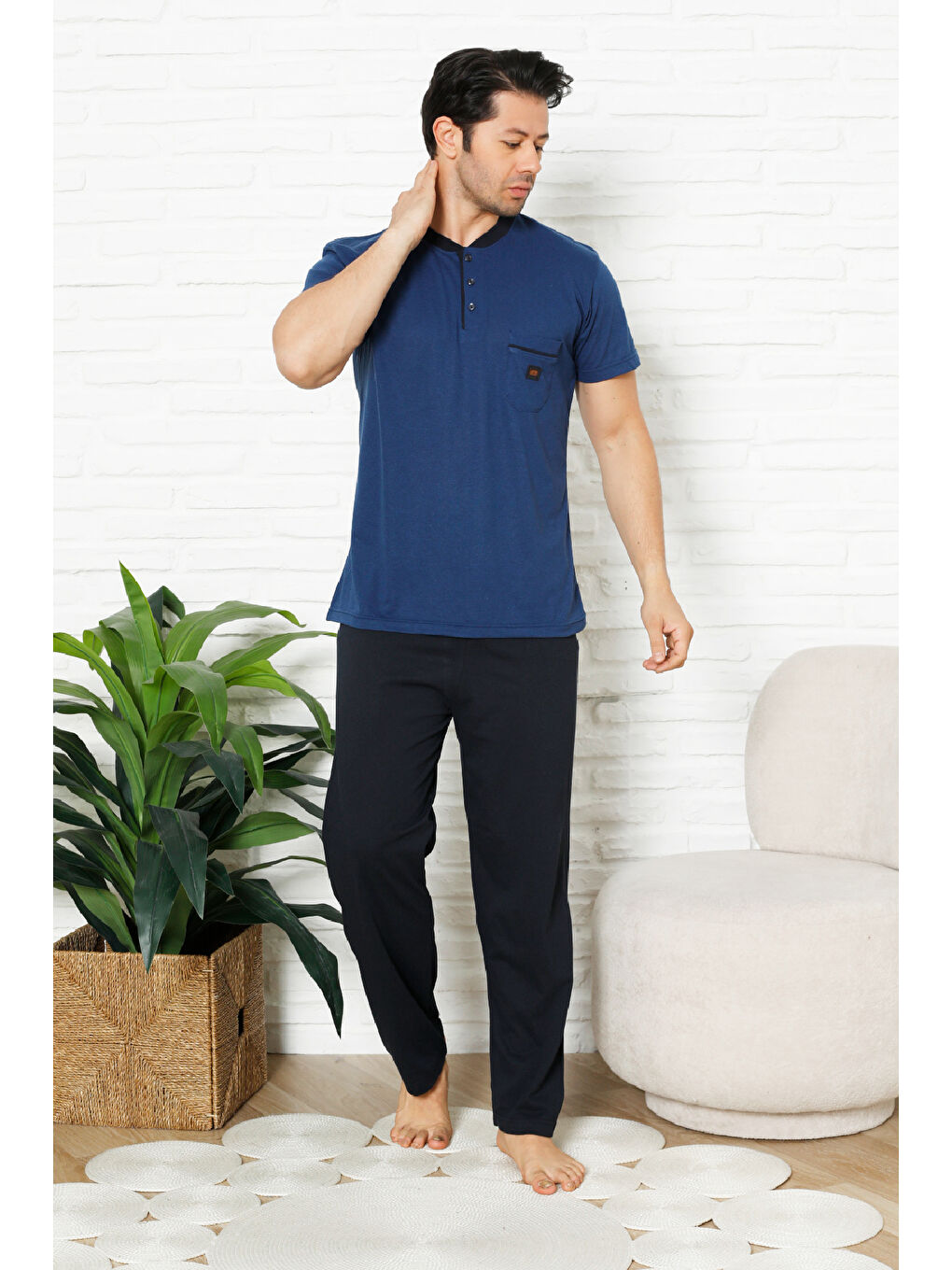 İndigo Erkek %100 Pamuklu Pijama Takımı-3 Düğmeli-Yaka Cepli 12384