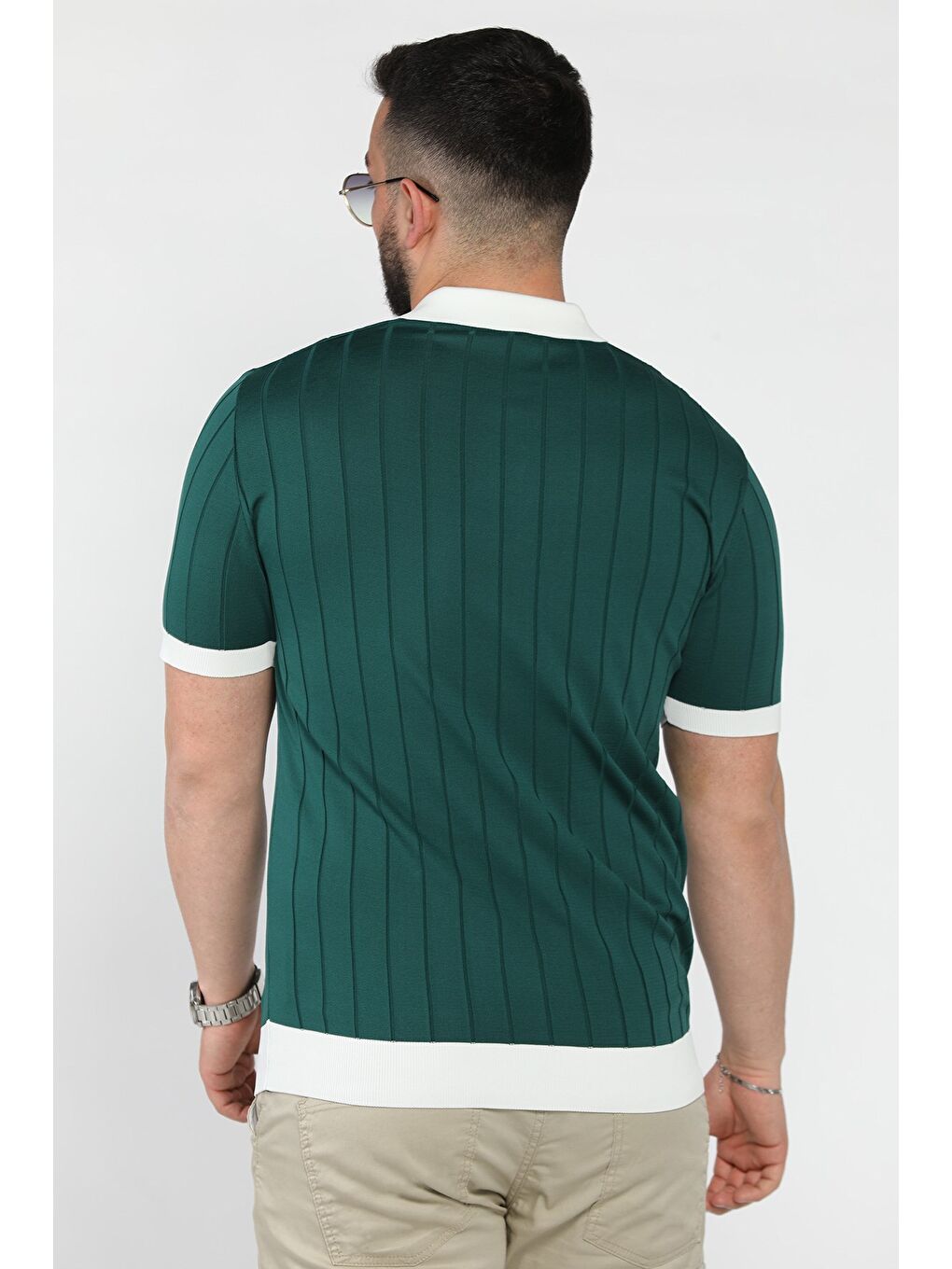 Yeşil Erkek Polo Yaka Kendinden Çizgi Desenli Renk Garnili Triko Tişört-2