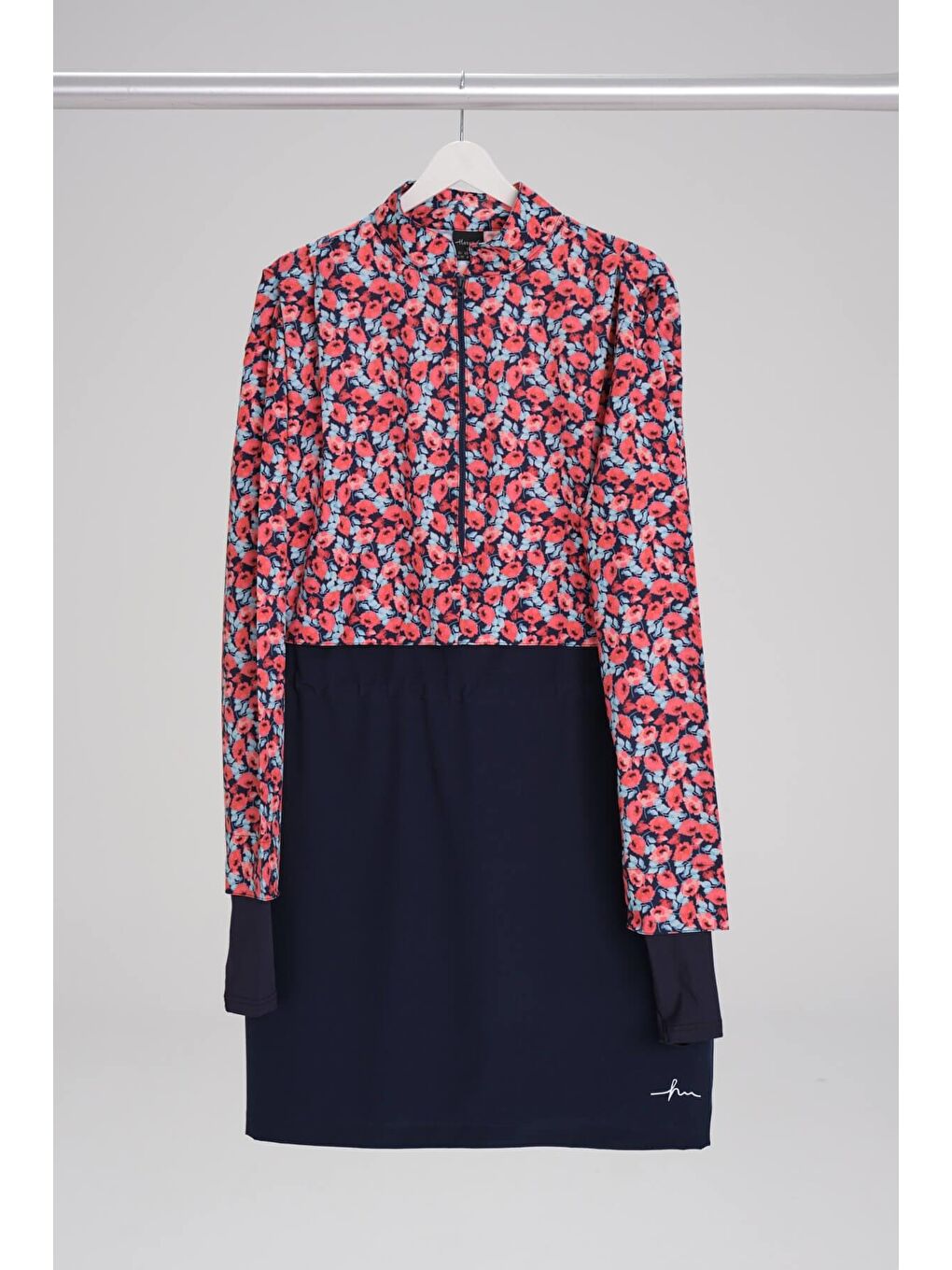 Esila Çiçek Desenli Kırmızı Lacivert Jileli Tam Tesettür Mayo Üstü 2934-7